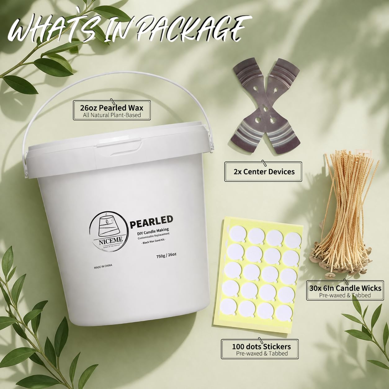NICEME Customized Powder Candle Making Kit, 11Lb/ 5kg Refillable Beaded Wax Sand All Natural Reusable DIY Pearled Candle Self Extinguish w/ 200 Wicks & 200 Stickers & 2 Centering Devices