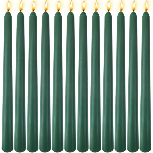 12 Pack 10 inch Hunter-Green Taper Candle Set for Holiday Dinner Party, Unscented Long Candlesticks, Dripless and Smokeless, 7-8 Hours Burn