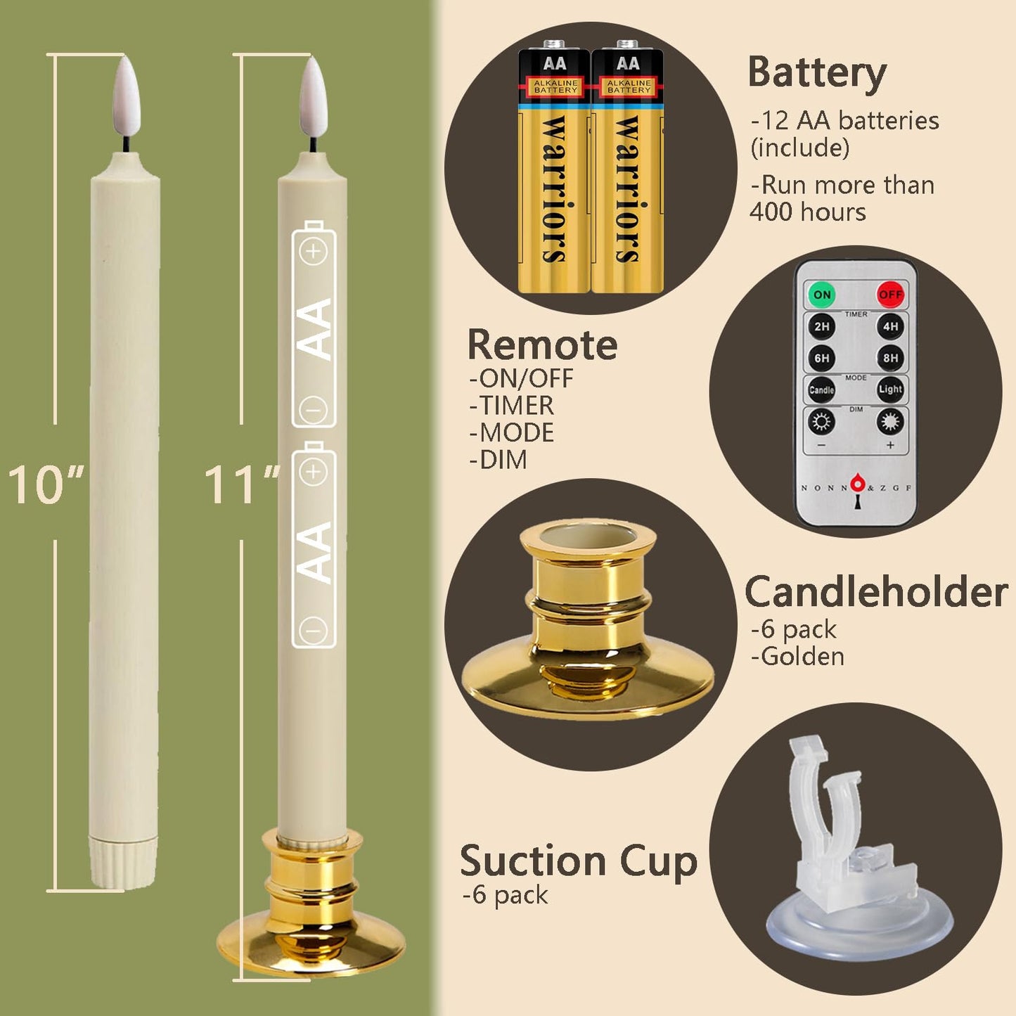 6 Pack Windows Candles with 12 AA Batteries(Include, Run More Than 400 Hours) + 6 Golden Removable Candlesticks + 6 Suction Cups, 10'' Flameless Battery Ivory Taper Window Candle with Remote/Timer