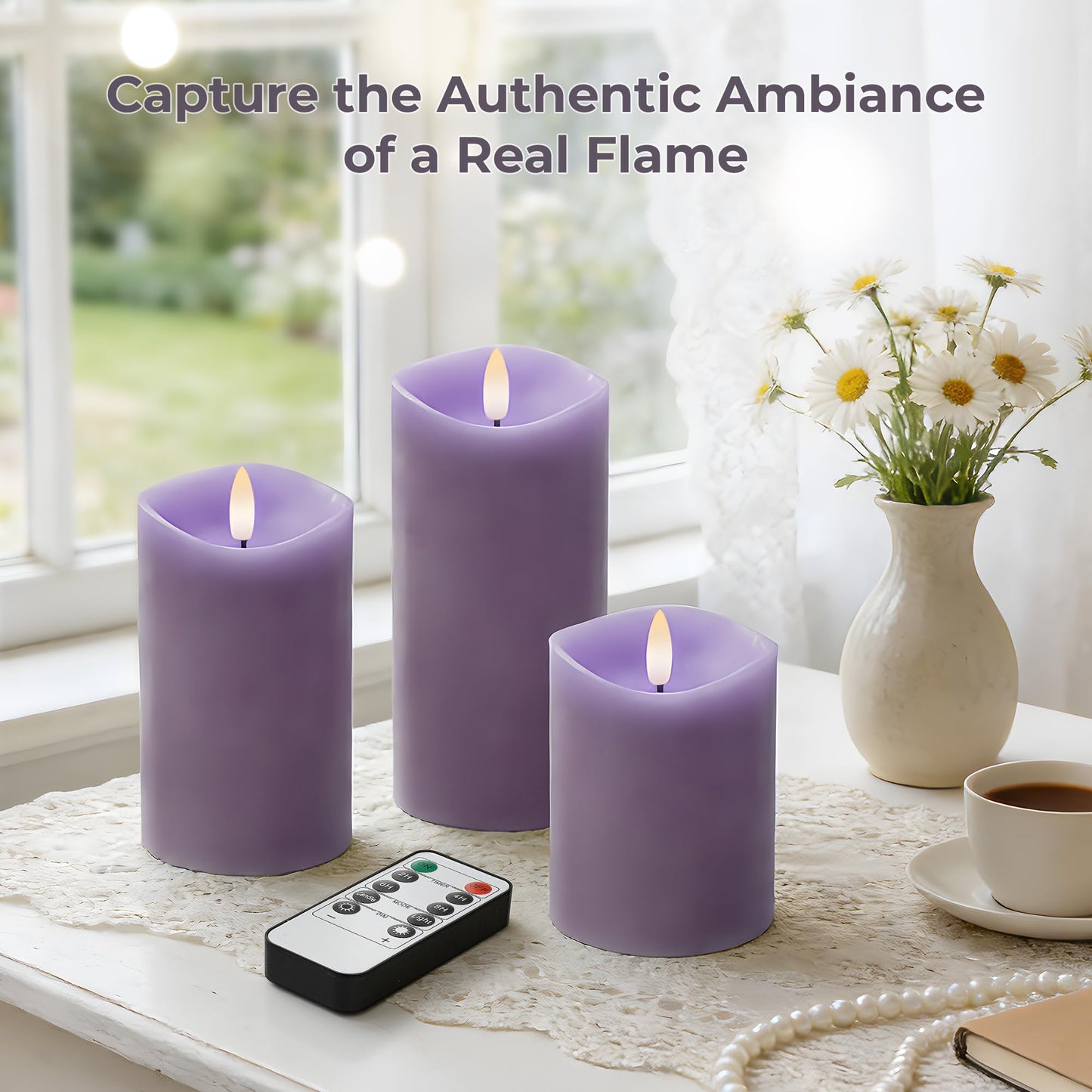 Velsyn Purple Flameless Candles with Remote and Timer, Real Wax Made LED Pillar Candles Battery Operated with 3D Flickering Flame Melted Edge, 3" x 4",5",6", Set of 3 (Pastel Purple)