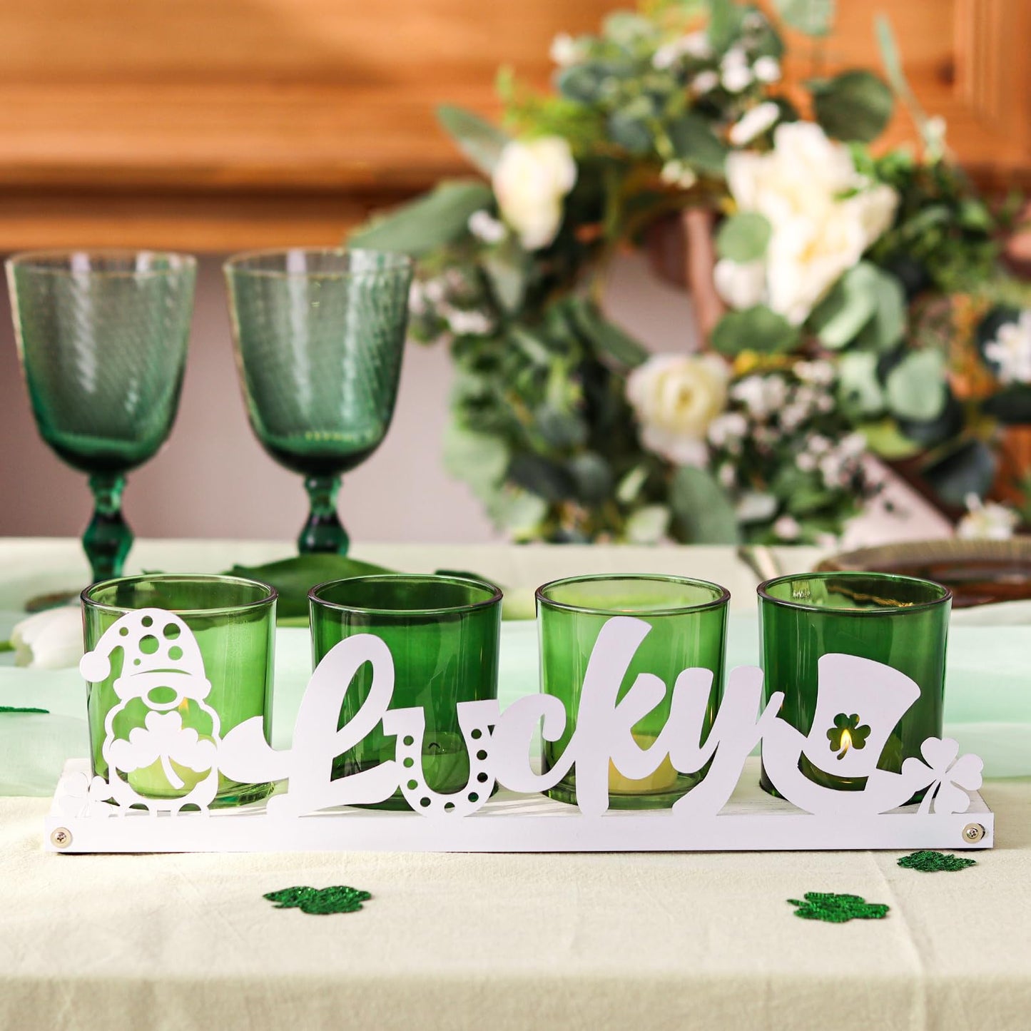 SYFURNIX St Patricks Votive Candle Holder Set, Includes 4 Glass Tealight Holders & 1 Wooden Candle Tray, Green & White St. Patrick's Day Decorations for Table, Office & Indoor Decor