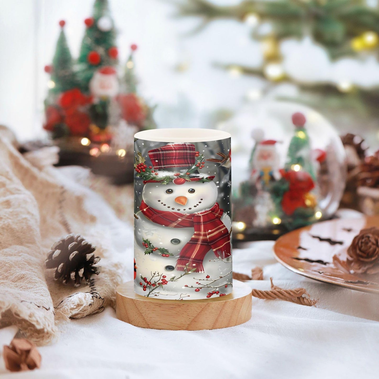 ALAZA Christmas Snowman Red Scarf Hat Bird Flickering Flameless Candles Battery Operated with Remote Timer,Tea Light Candles LED Pillar Votive Candles Set of 2 for Outdoor Indoor Decorations