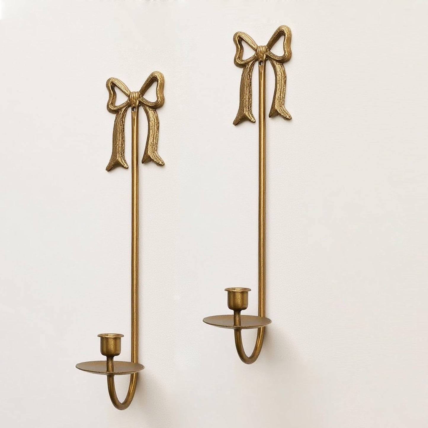 Remenna Metal Wall Candle Sconce Holders, Set of 2, Gold, Modern Bow Design, Wall Mount Taper Candle Holders for Living Room, Farmhouse, Wedding Decor