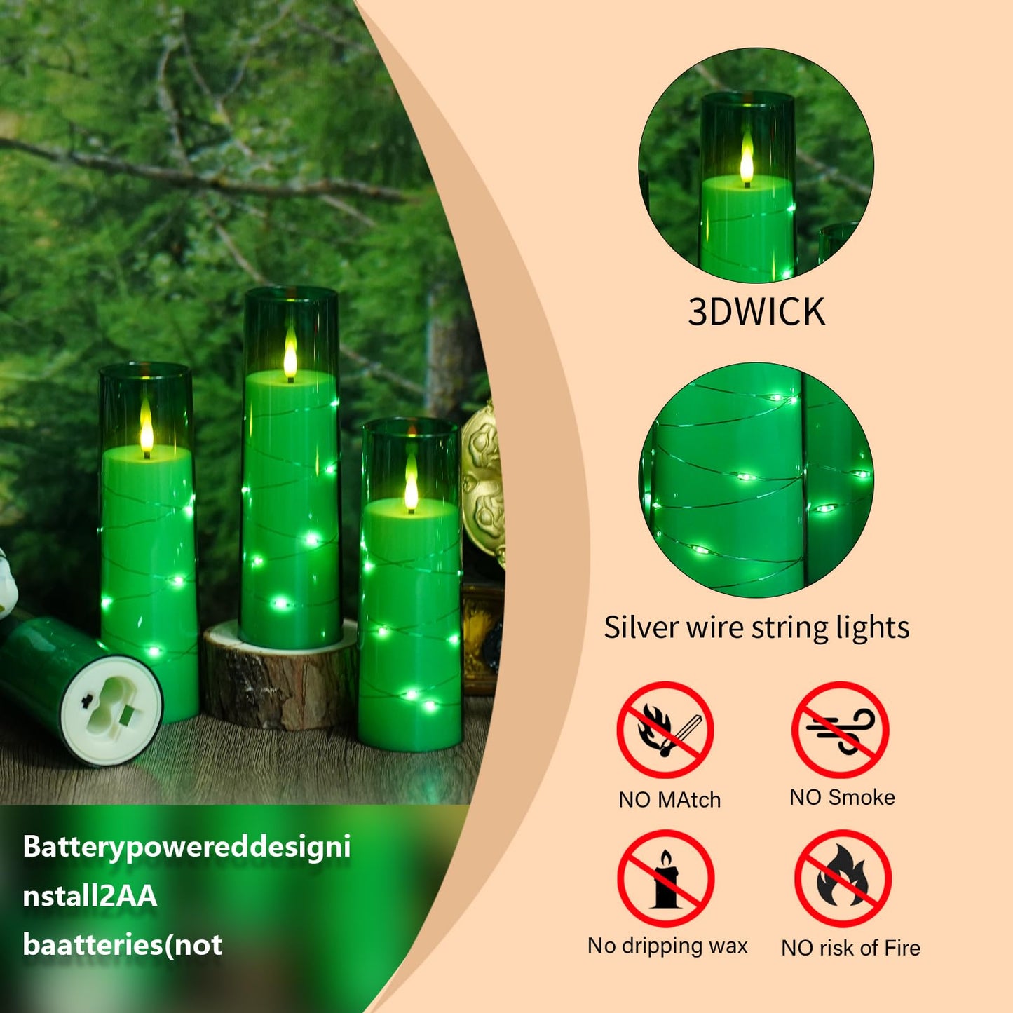 Eebuss Flameless Candles with Embedded Star String, Battery Operated LED Pillar Candles with Timer and Remote Control,Home Decorating for Ambiance， Set of 7 (Green)
