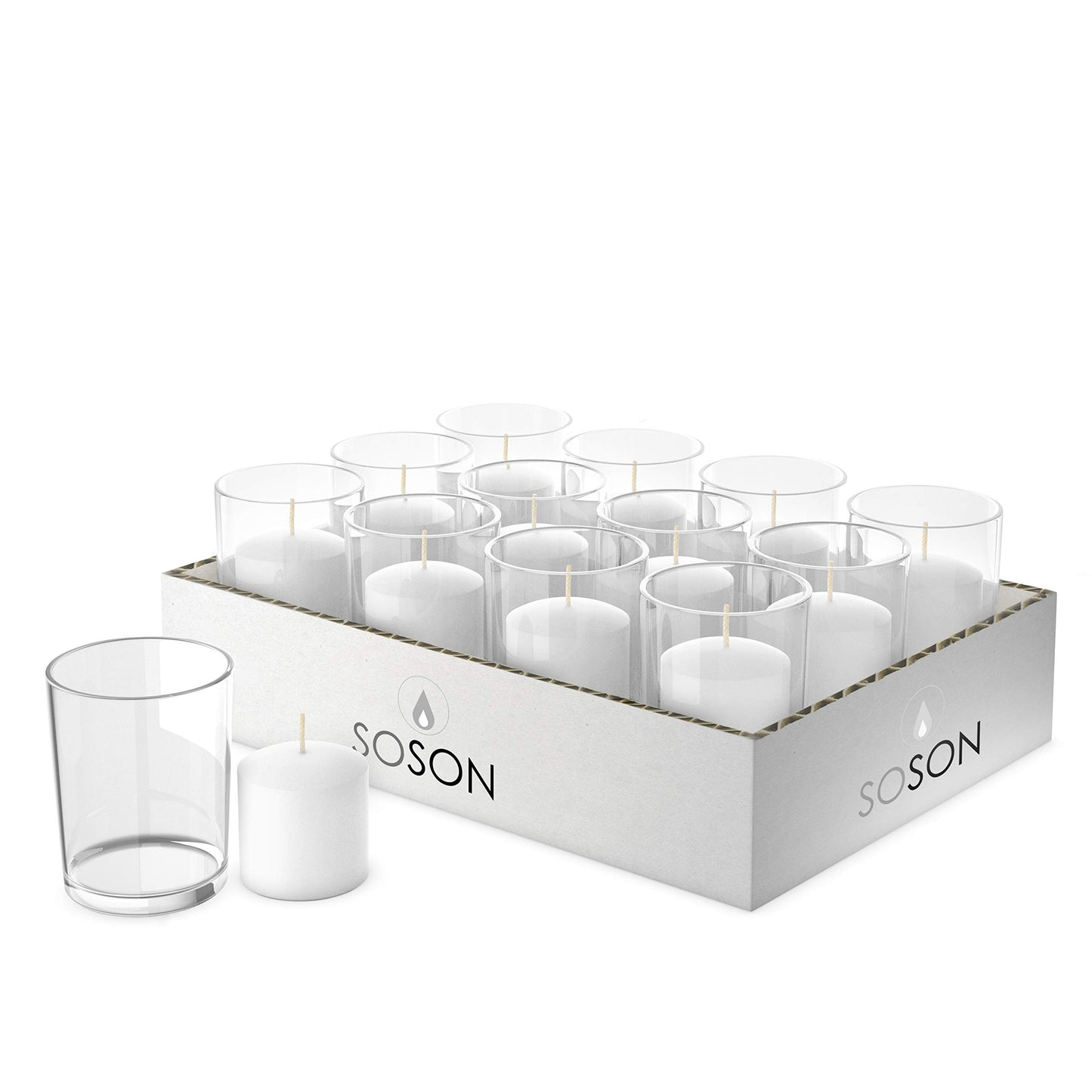 Simply Soson Votive Candles Bulk, 24 White Votive Candles with Glass, 10 Hours Burn time, Small Candles, Bulk Candle, Unscented Candle Votives for Wedding, Birthday, Holiday & Home Decor