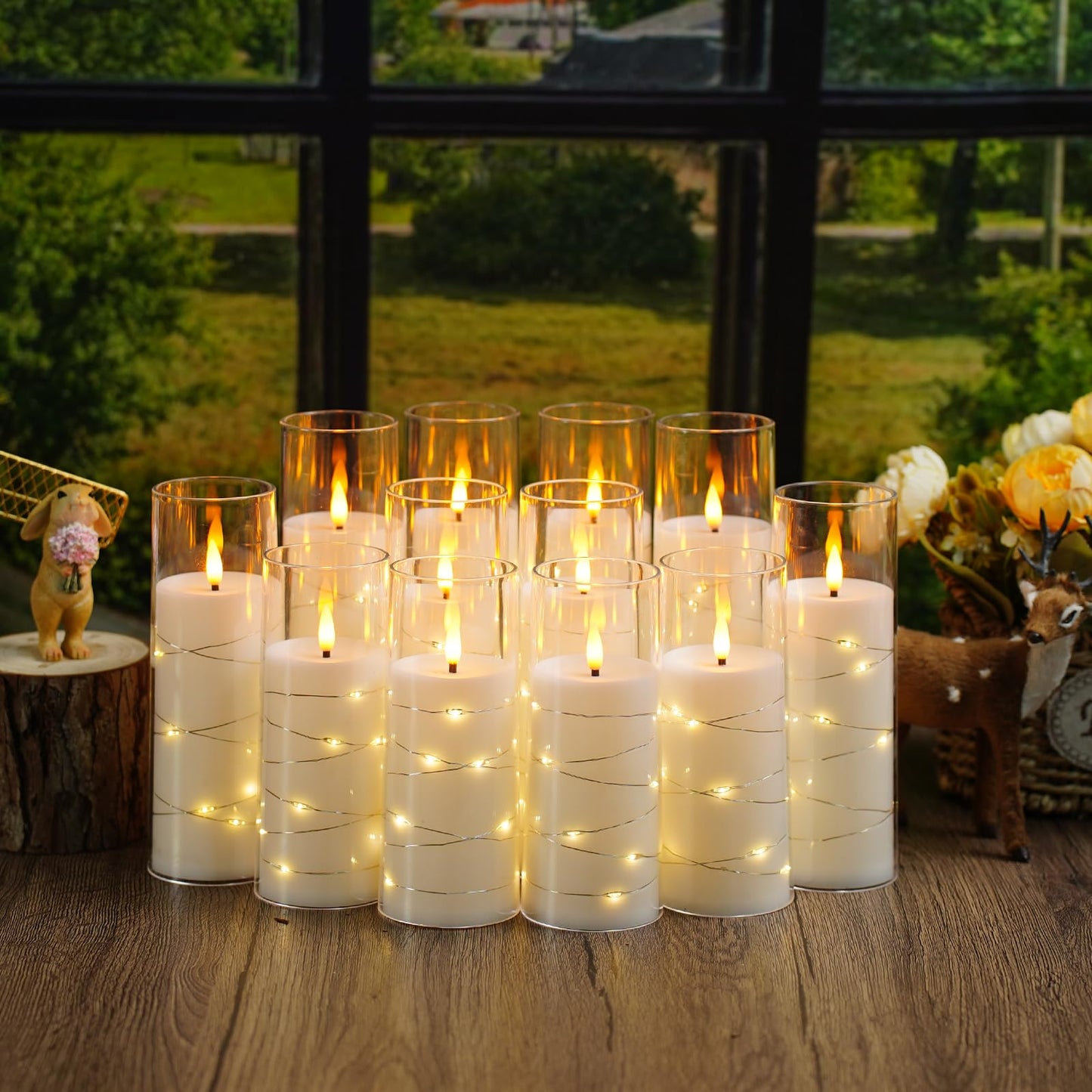 Sasigeiaa Flameless Candles with Embedded Star String - Battery Operated LED Candles, with Remote,12 White Flickering Candles for Christmas, Weddings, Home Decor & Party,(D 2.3"×H 5" 6" 7")