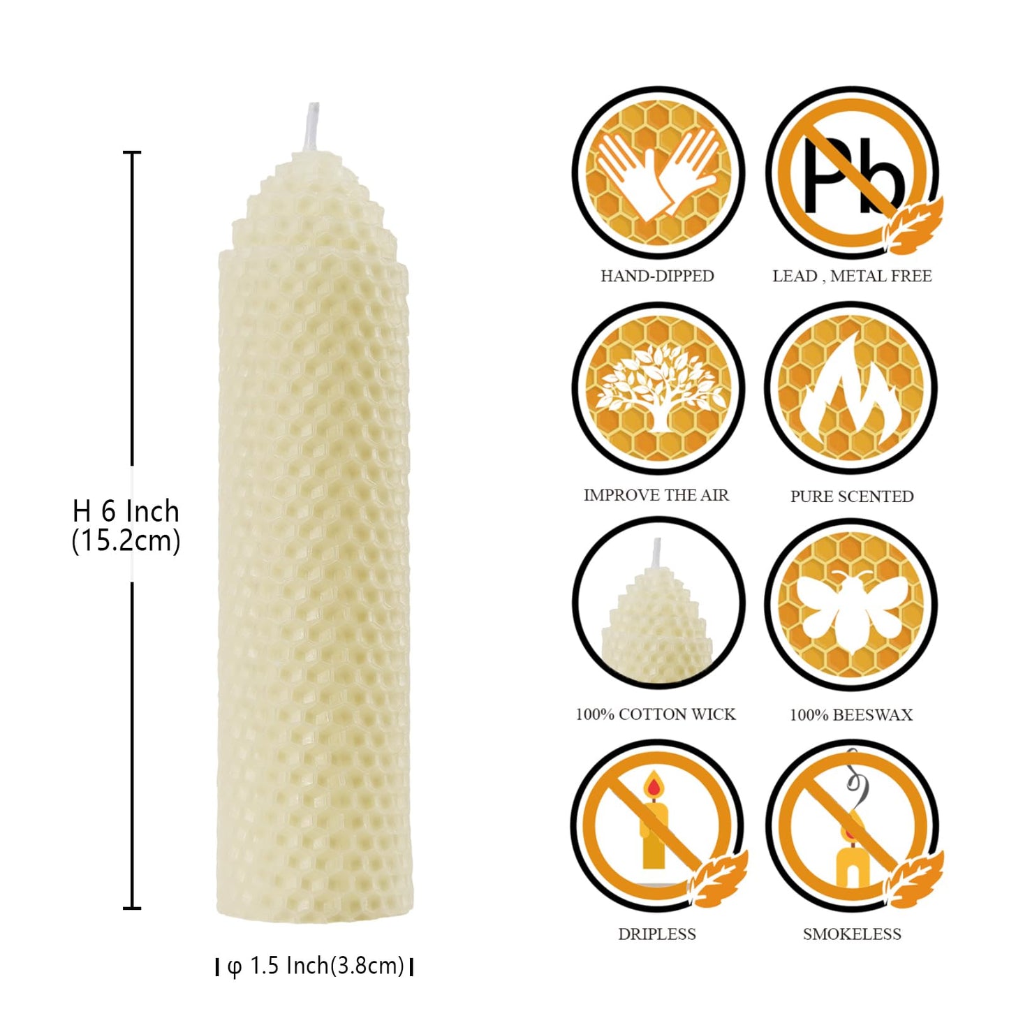 White Beeswax Pillar Candles Set of 6 - Handmade Pure Beeswax Rolled Candles for Gift & Home Decor (1.5×6 in)
