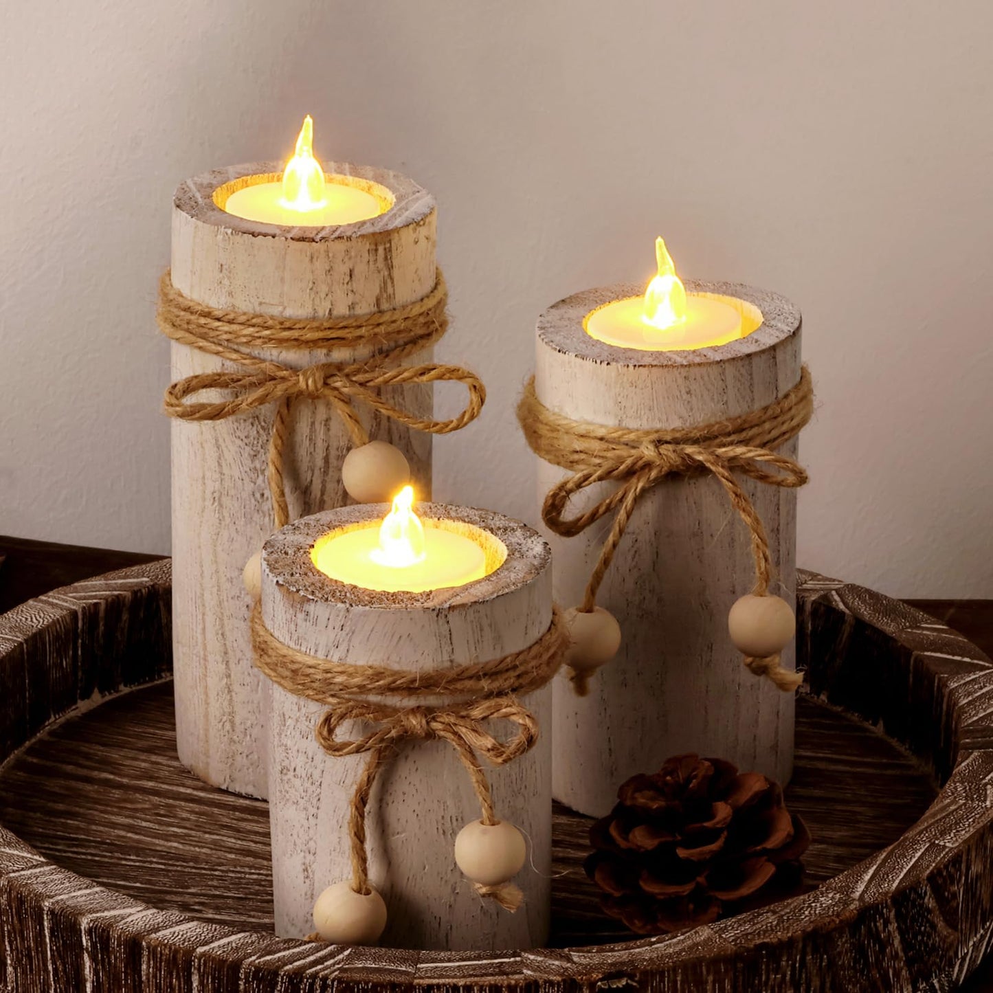 MelonBoat White Pillar Candle Holder:Farmhouse Candle Holders with Battery Operated Candles, Farmhouse Decor with Flameless LED Candles, Wood Centerpieces for Table 3-Pack for Holiday Party Home Decor