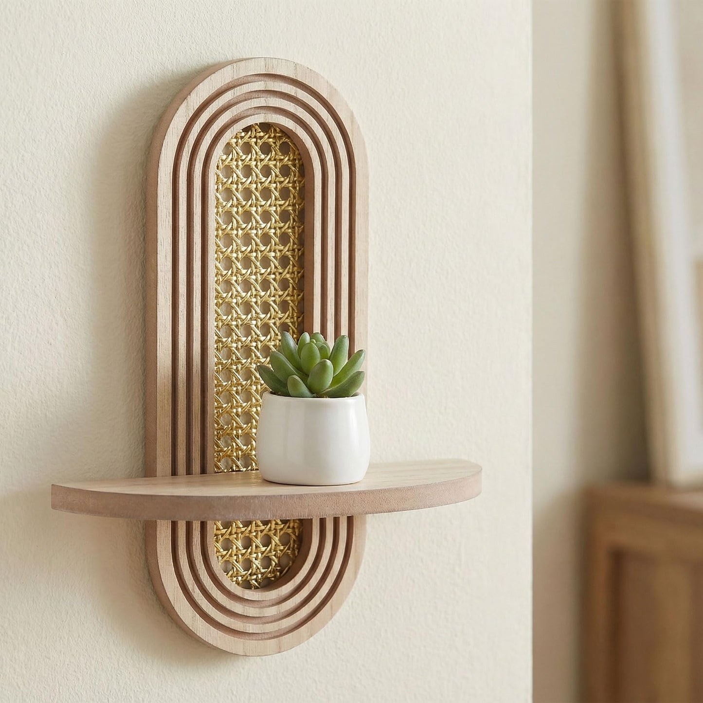 Wall Candle Holder Sconce, Set of 2 Wooden Wall Mounted Candle Holder with Arched Shelf and Gold Metal Vine Detail, Decorative Wall Sconce for Pillar Candles, Living Room Bedroom Entryway Decor