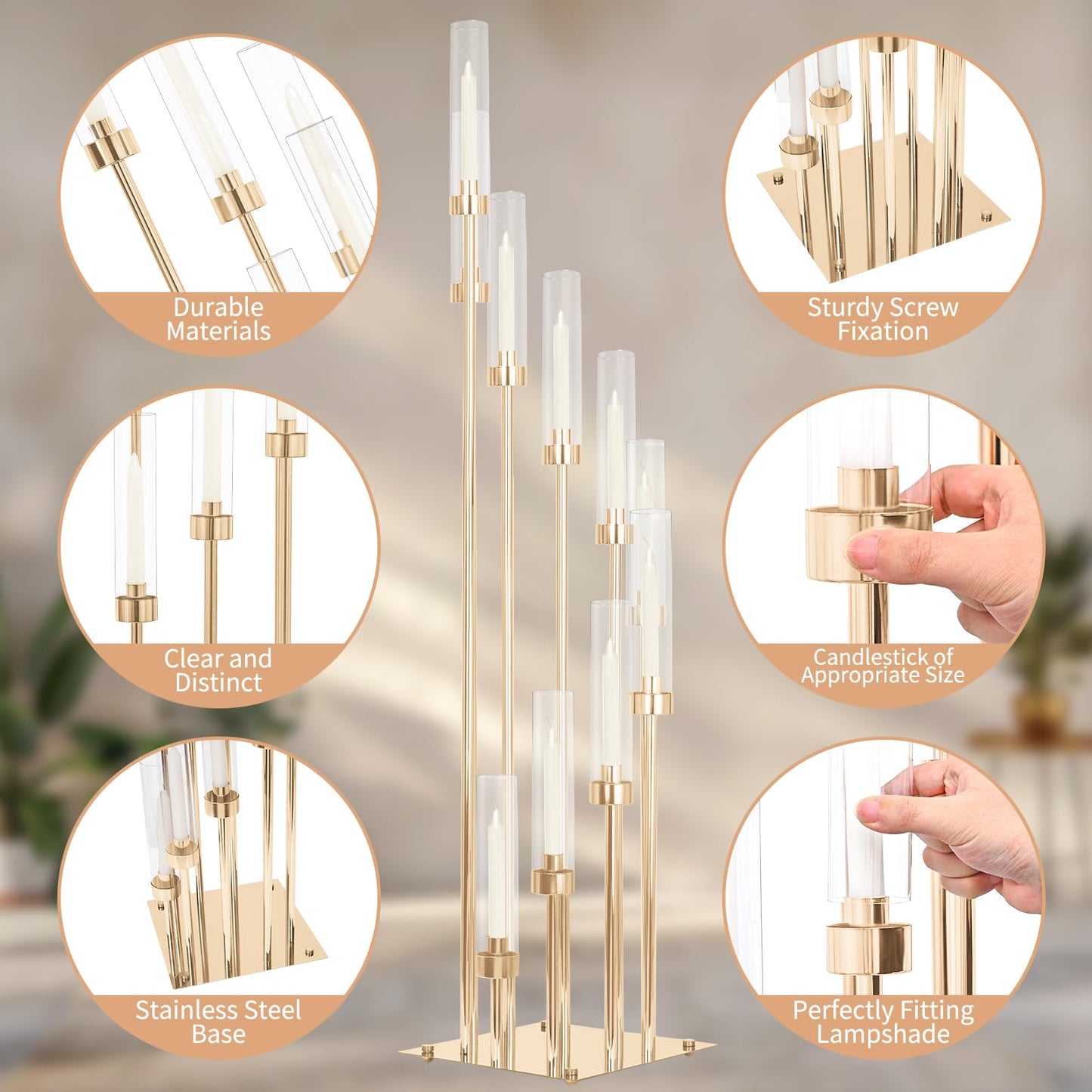 2 Sets 10Arm Gold Candelabra,Candle Holder with Clear Acrylic lampshades Fit Flameless or Wax,40'' High Large Floor Candelabra Centerpiece for Wedding Aisle Ceremony Reception Event Decoration