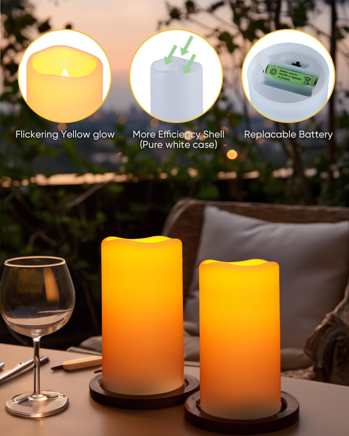 Homemory Solar Candles Outdoor Waterproof, 3"x6" Rechargeable Solar Powered Lights, Flameless Flickering Dusk to Dawn Sensor Outdoor Pillar Candles for Halloween, Lanterns, Garden, Patio, Porch