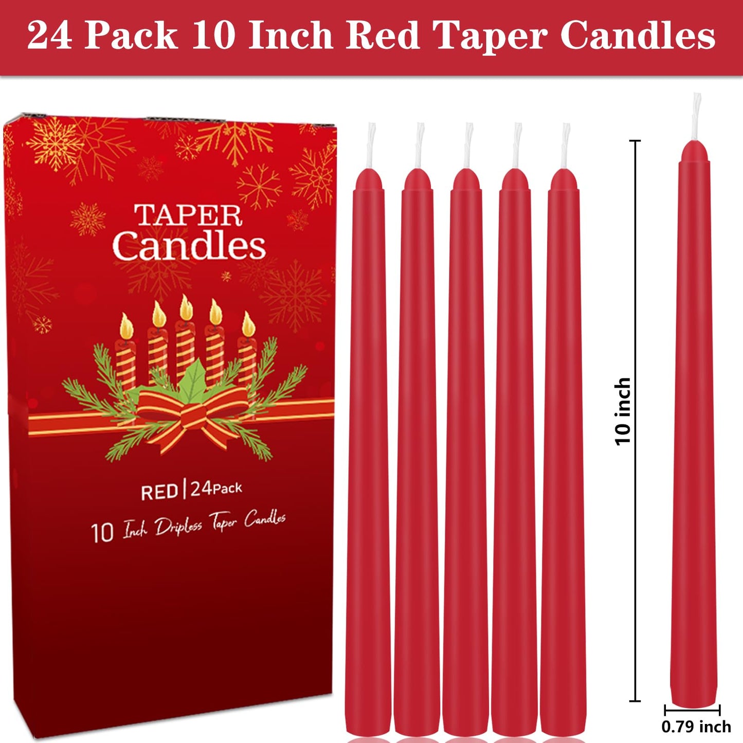 24 Pack Red Taper Candles, 10 Inch Classic Red for Valentine's Day Decor, 7-8 Hour Burn, Clean-Burning Unscented Bulk Candles for Holiday Dinner Table, Fireplace Mantel, Wedding Centerpiece