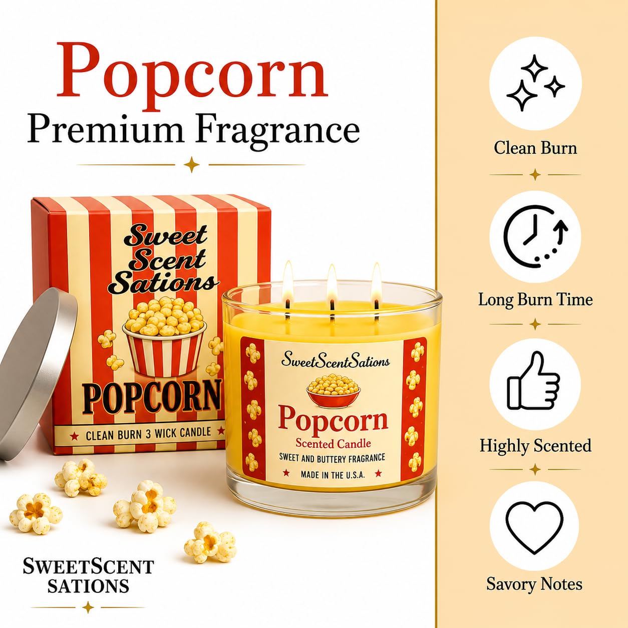 SweetScentSations Popcorn Scented Candle – Salted Butter Popcorn Aroma | Soy Wax Long Burning Candle for Home | Fun Snack-Inspired Candle Gift for Movie Lovers