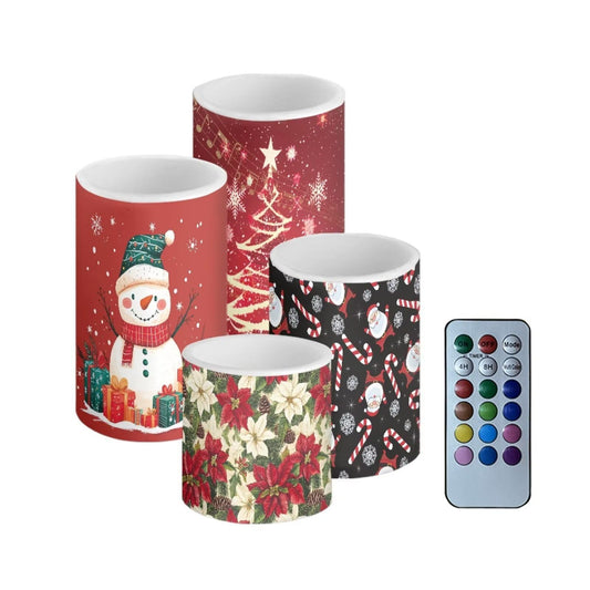 NETILGEN 4 Pcs Flameless LED Pillar Candles with Timer Remote for Indoor Outdoor Christmas Holiday Decoration Snowman Poinsettia Flowers Print