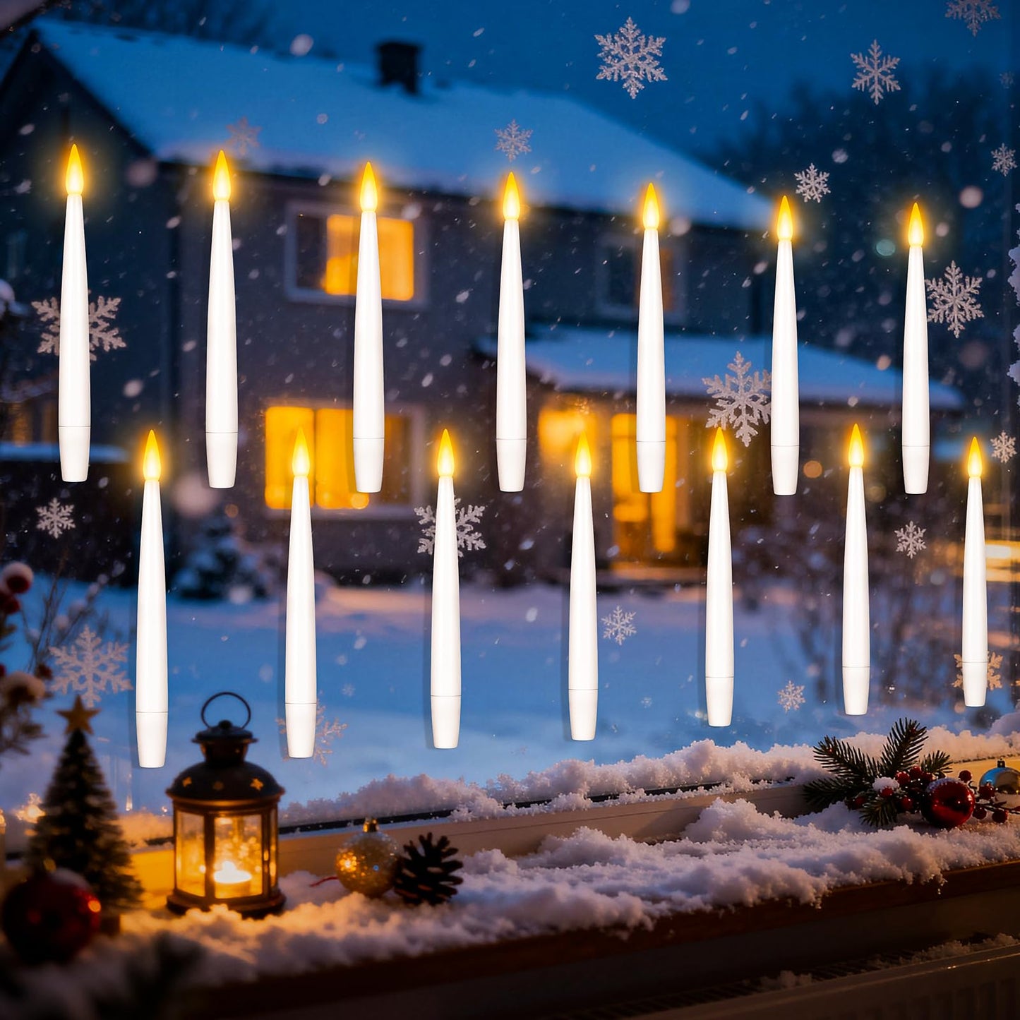 6.1" x 0.5" Window Candles with Sensor Dusk to Dawn, 14 Pcs Ivory Flameless Taper Candle with Dimmer Battery Operated with Nano Adhesive lasts up to 200+ Hours for XMas, Halloween Decor and Holiday