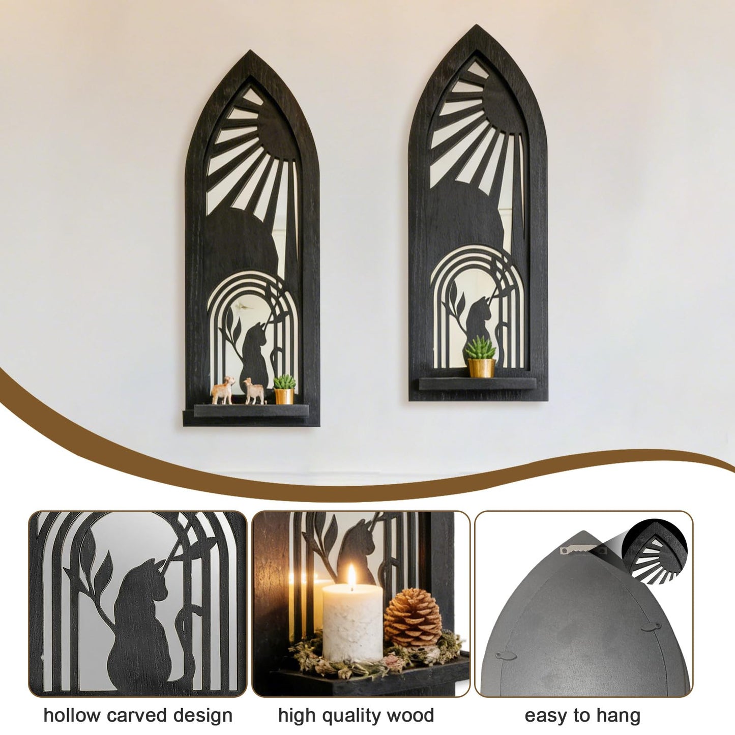 ZEXUIRU 2 Set Rustic Candle Sconces Living Room Bedroom Entryway Wood Mirrored, Farmhouse, Carved Frame Wall-Mount Wooden Candle Holders Wall Decor Hanging Handmade Holder - Black