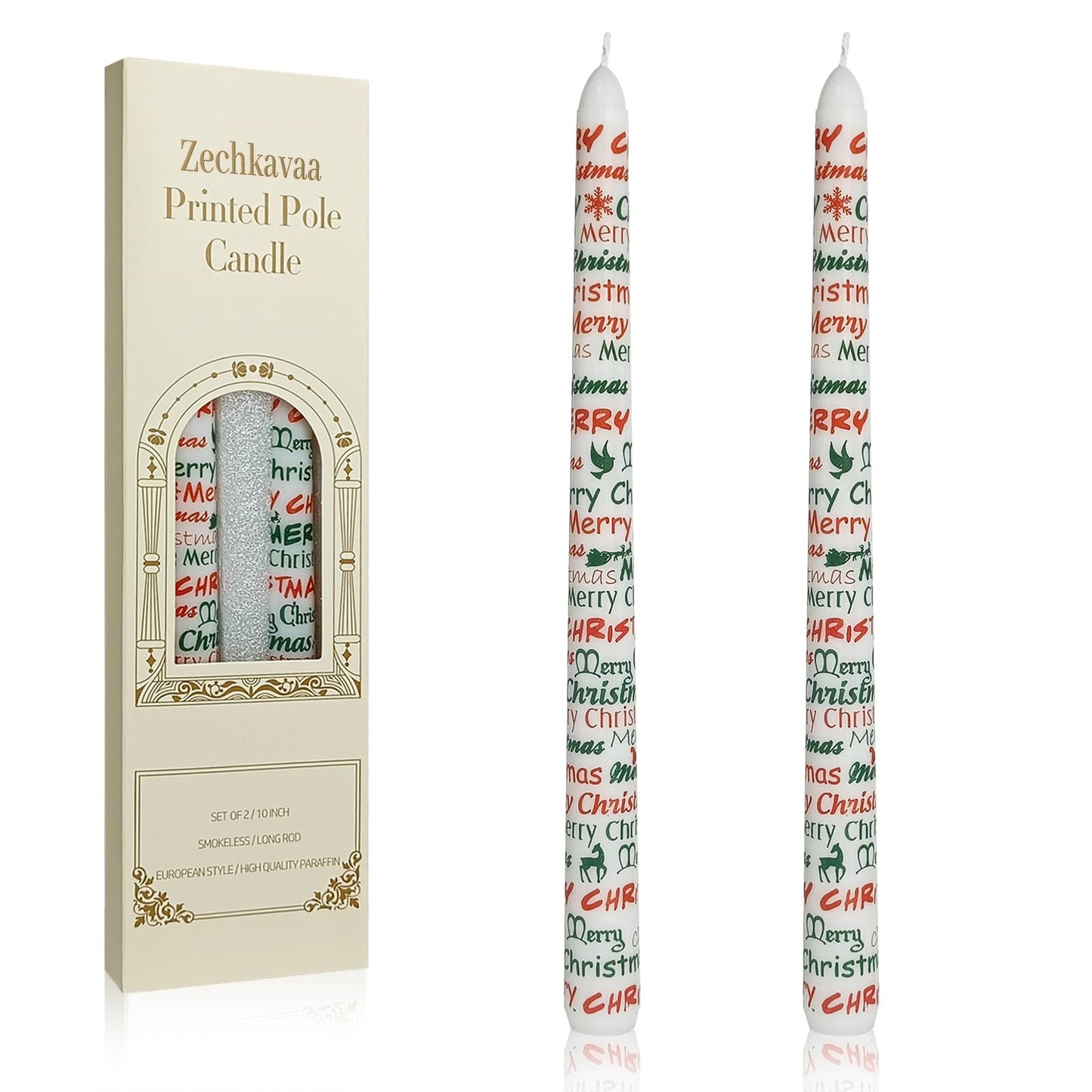 Floral Taper Candles 10 Inch Tall Unscented Handmade Merry Christmas Print Long Burning Elegant Candlesticks for Christmas Decor Gifts