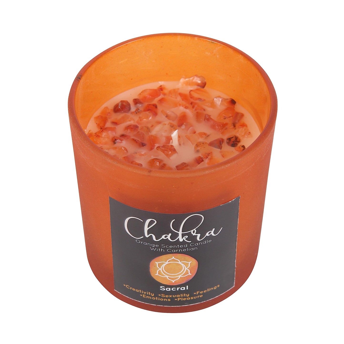 Sacral Chakra Candle: Orange Fragranced with Carnelian Crystal Chips, Reusable Glass Holder, Metallic Lid - 25-Hour Burn Time, Paraffin Wax - Spiritual Purpose, Seven Chakras Healing