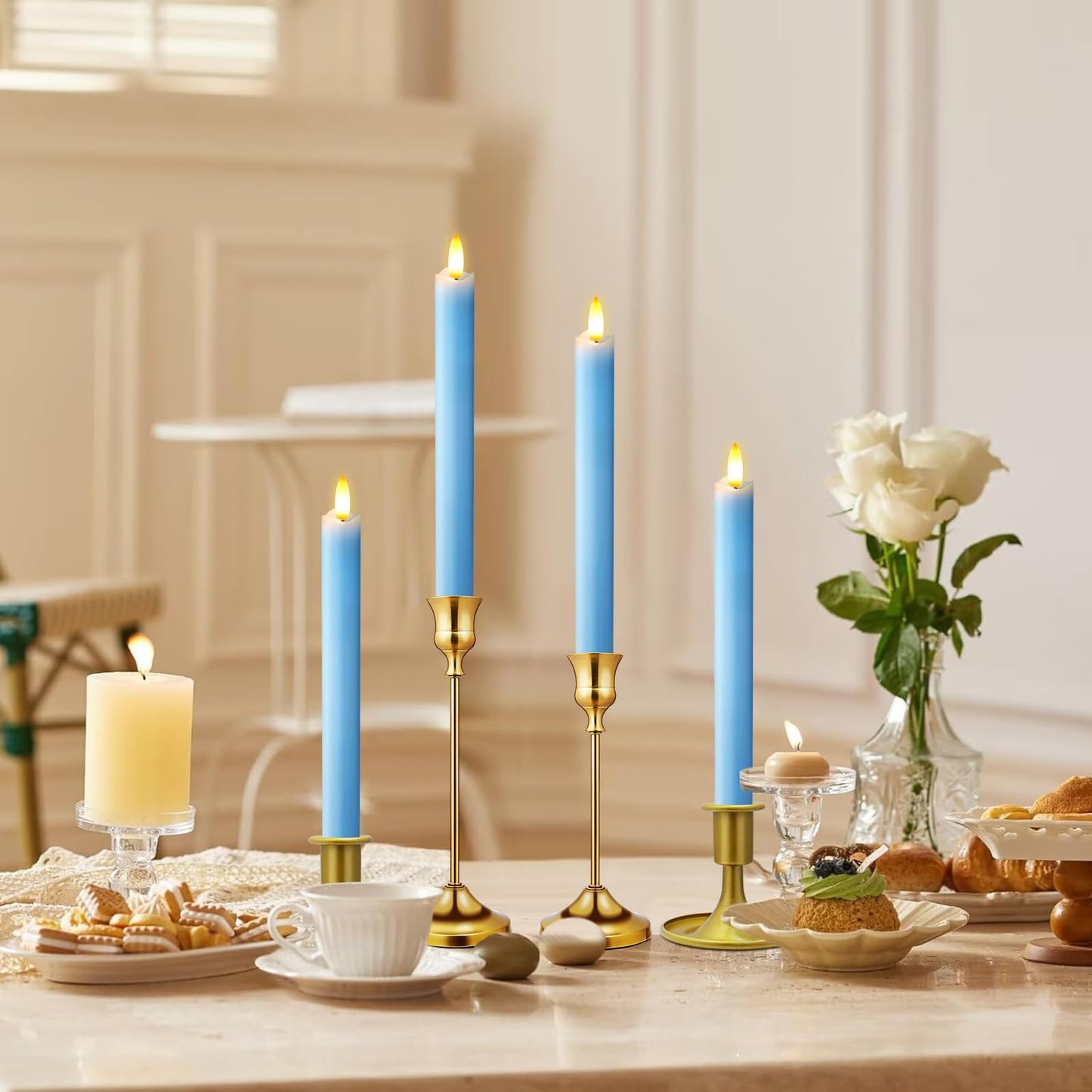 KSWING Upgraded Real Wax LED Flameless Light Blue Taper Candles with Remote, 6 PCS Candlesticks Battery Operated 3D Flickering - 9.6" Long Realistic Fake Candle Sticks for Home/Wedding/Xmas Decor