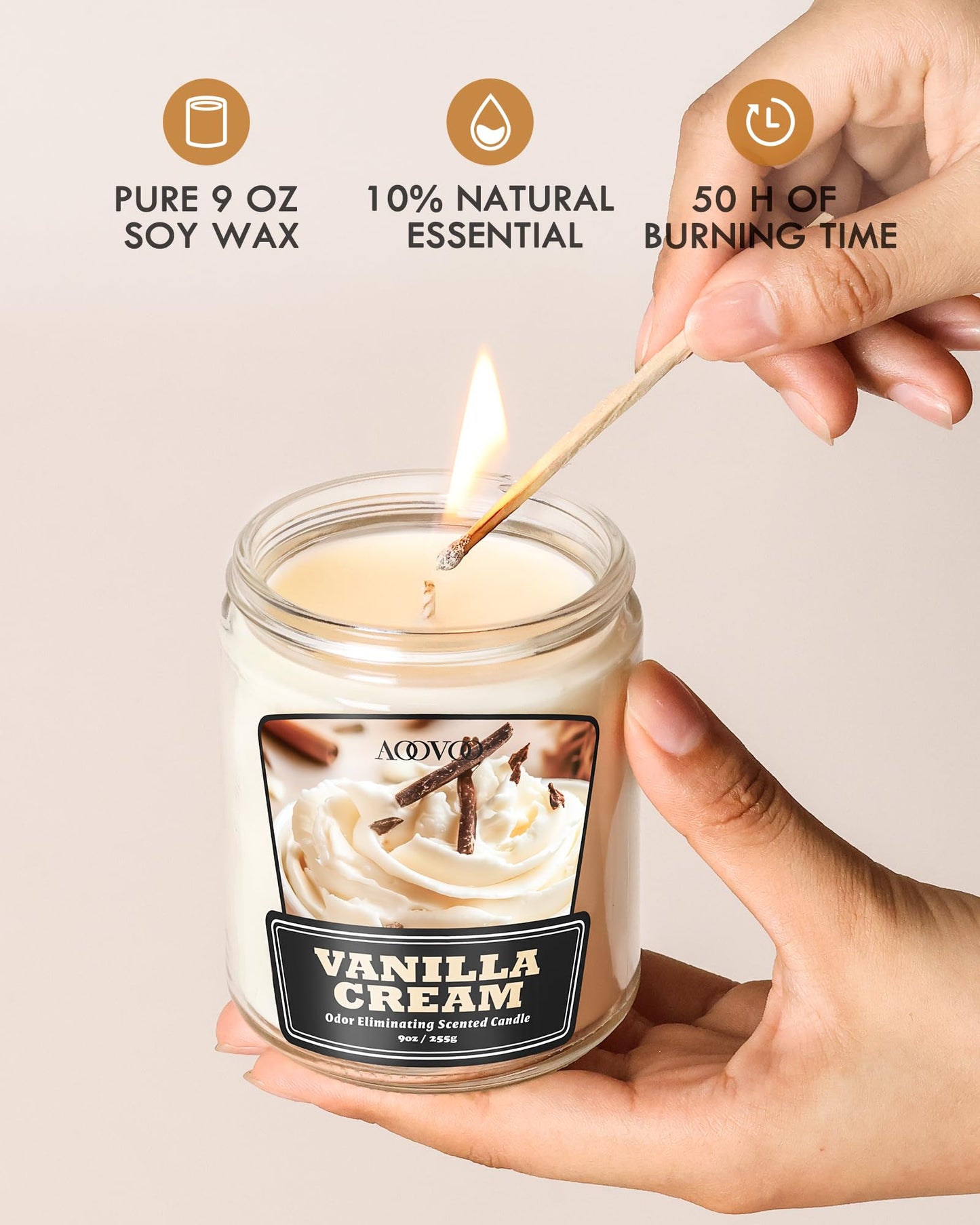 AOOVOO Vanilla Cream Odor Eliminating Candle - 9 oz Non Toxic Highly Fragranced Air Freshing Soy Candle, Eliminates 95% of Smoke, Pet, Food, and Other Smells Quickly, Up to 50 Hours Burn time