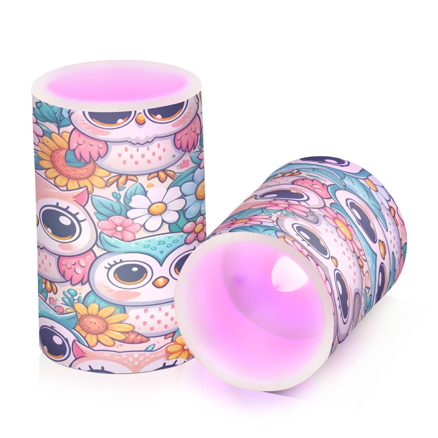 ALAZA Little Cute Owl Flowers Flameless Candles, LED Pillar Candles with Remote Timer, Battery Operated Candles Set of 2