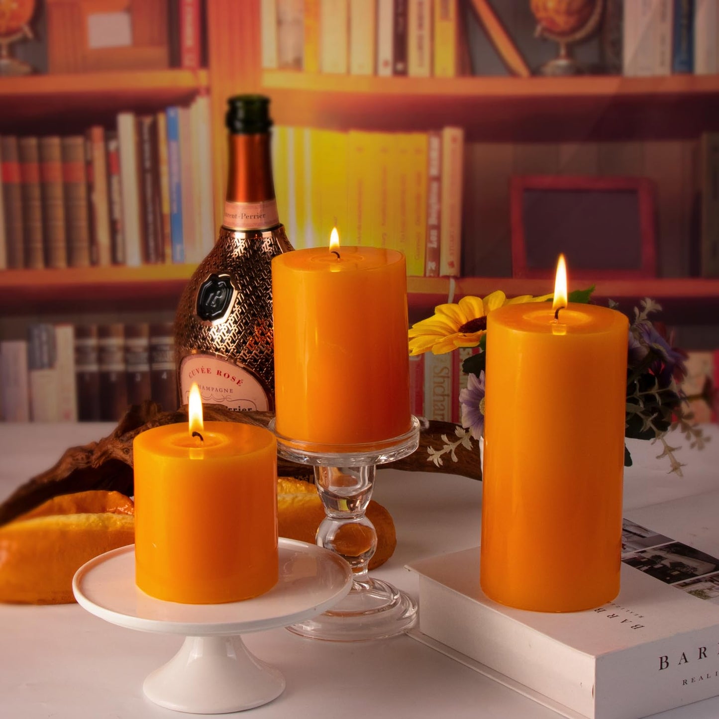 KONNI Orange Pillar Candles Set of 3, 3"x 4" Unscented Pillar Candles Bulk, 40 Hours Long Burning Candles, Smokeless&Dripless Large Round Candle for Wedding, Home Decoration, Parties, Spas, Dinner