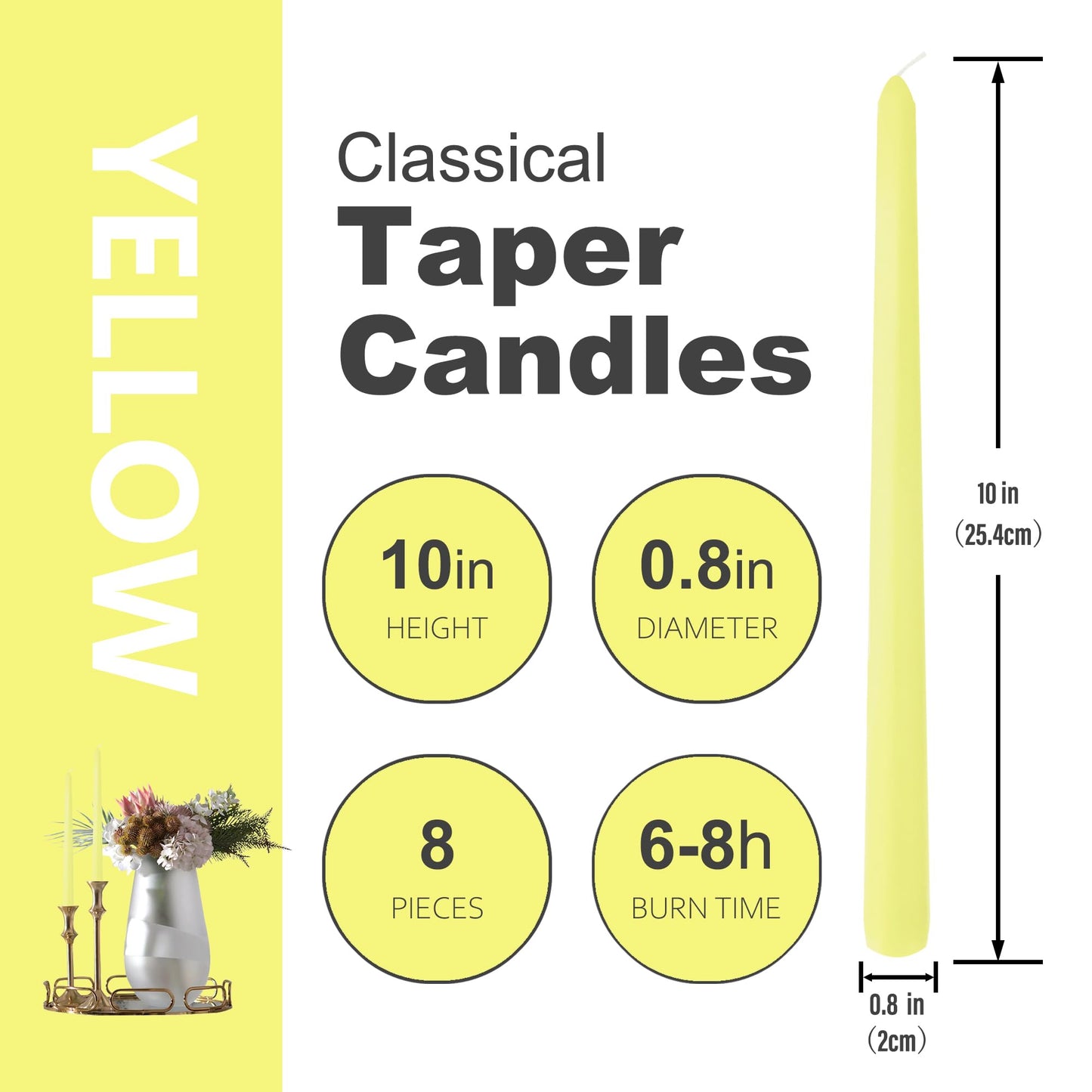 8 Pack 10 Inch Yellow Taper Candles for Dinner Home Decor Wedding Shower