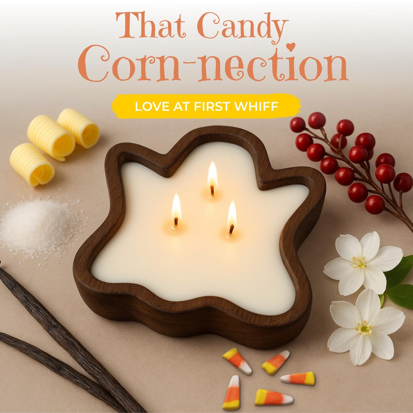 Dough Bowl Candle Co. Ghost Candles - 7x7x2in Halloween Candles, Wooden Fall Candle Decorations with Candy Corn Scent, Cute Fall Room Decor, 100% Soy Wax, Autumn Aesthetic with 35h Burn Time