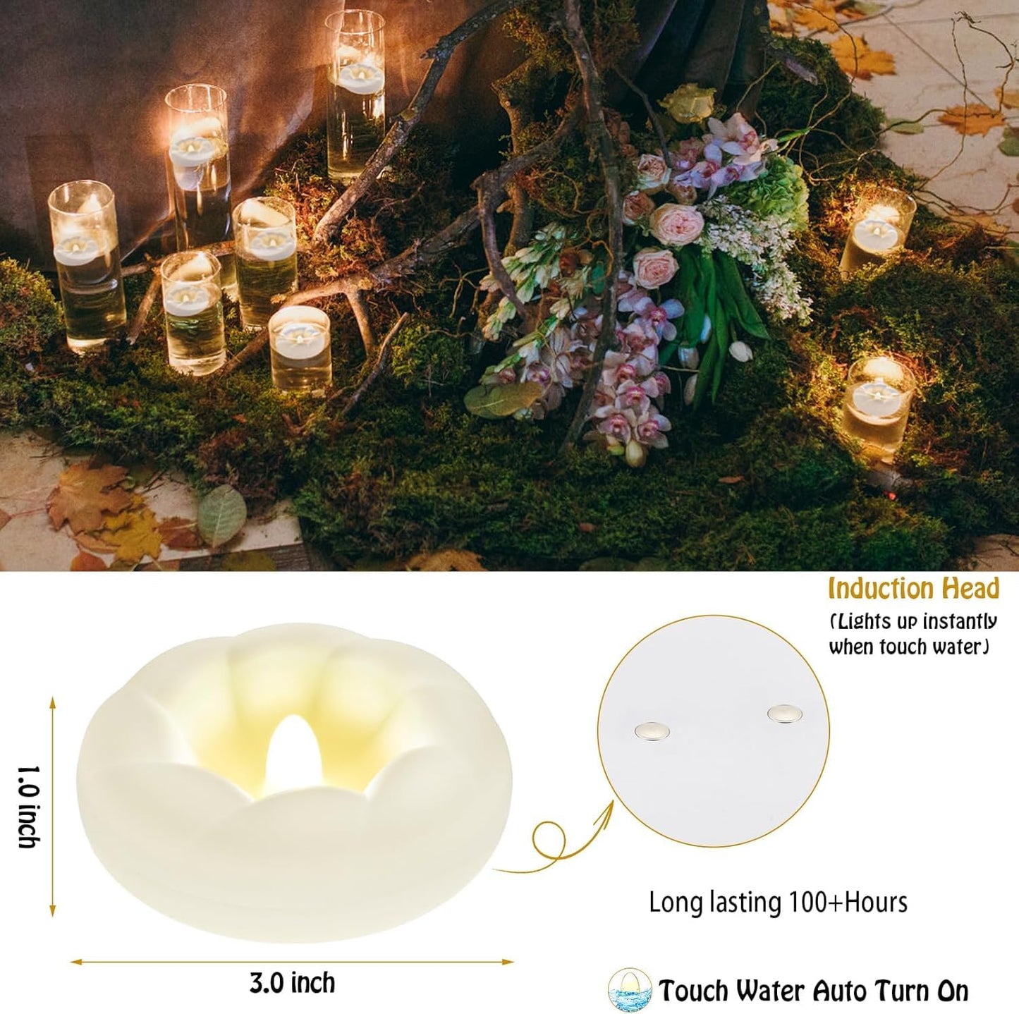 PUNPUBA 3”Plastic Flameless Led Floating Candles, 12pack Tealights Battery Operated Flickering 100+ Hour Waterproof for Cylinder Vases, Centerpieces at Wedding, Party, Pool, Holiday (White)