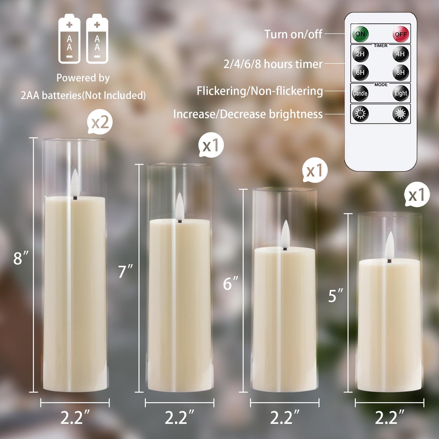 Yeelida Acrylic Flameless Flickering Candles with Remote Control and Timer, Battery Operated LED Fake 2.2" x 5",6",7",8",8" Plastic Pillar Candles for Home Decor(Long-Lasting, Ivory)