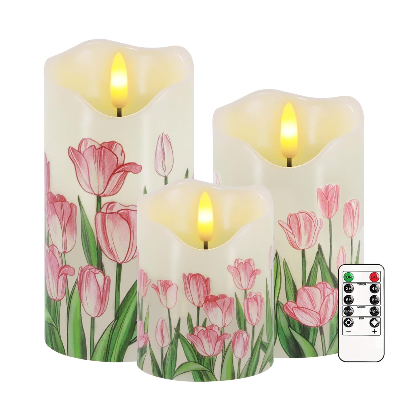 VEEKI Flameless Candles Light, Set of 3 Flickering Tulip Pillar Candles with Remote & Timer, Dimmable Real Wax Electric LED Candles Battery Operated, Mother's Day Birthday Gift for Mom Grandma Women