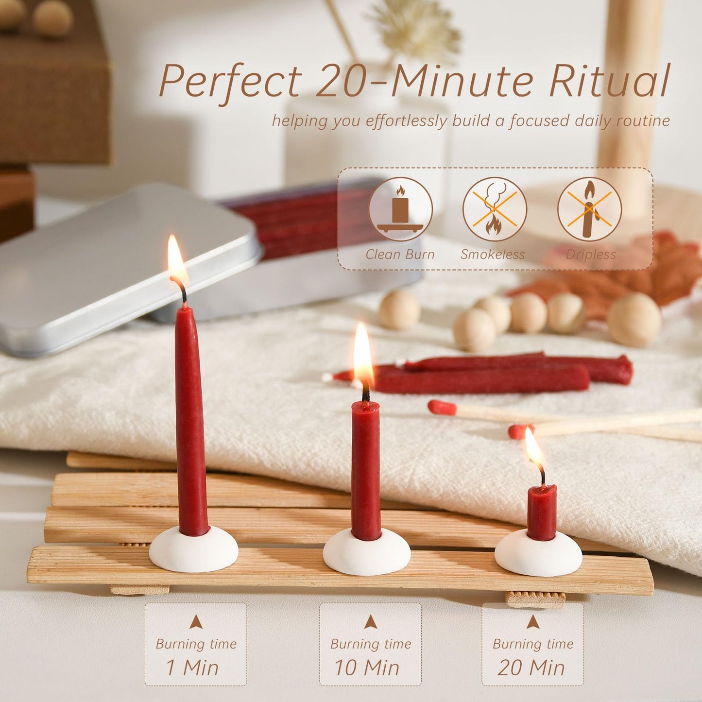 20 Minute 100% Pure Beeswax Candles, Mini Mindful Meditation Taper Candles, Smokeless & Dripless with Holder for Yoga, Prayer, Relaxation (Red,60 Pack)