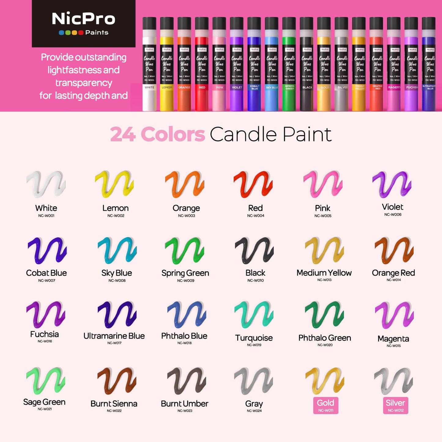 Nicpro Candle Wax Pen, 24 Colors 3D Candle Paint Include Glitter Silver Gold, Safe DIY Candle Making & Painting Kit, Dry Fast Vibrant Colors Wax Paint for Birthday Holidays Wedding Party (1 oz, 30 ml)