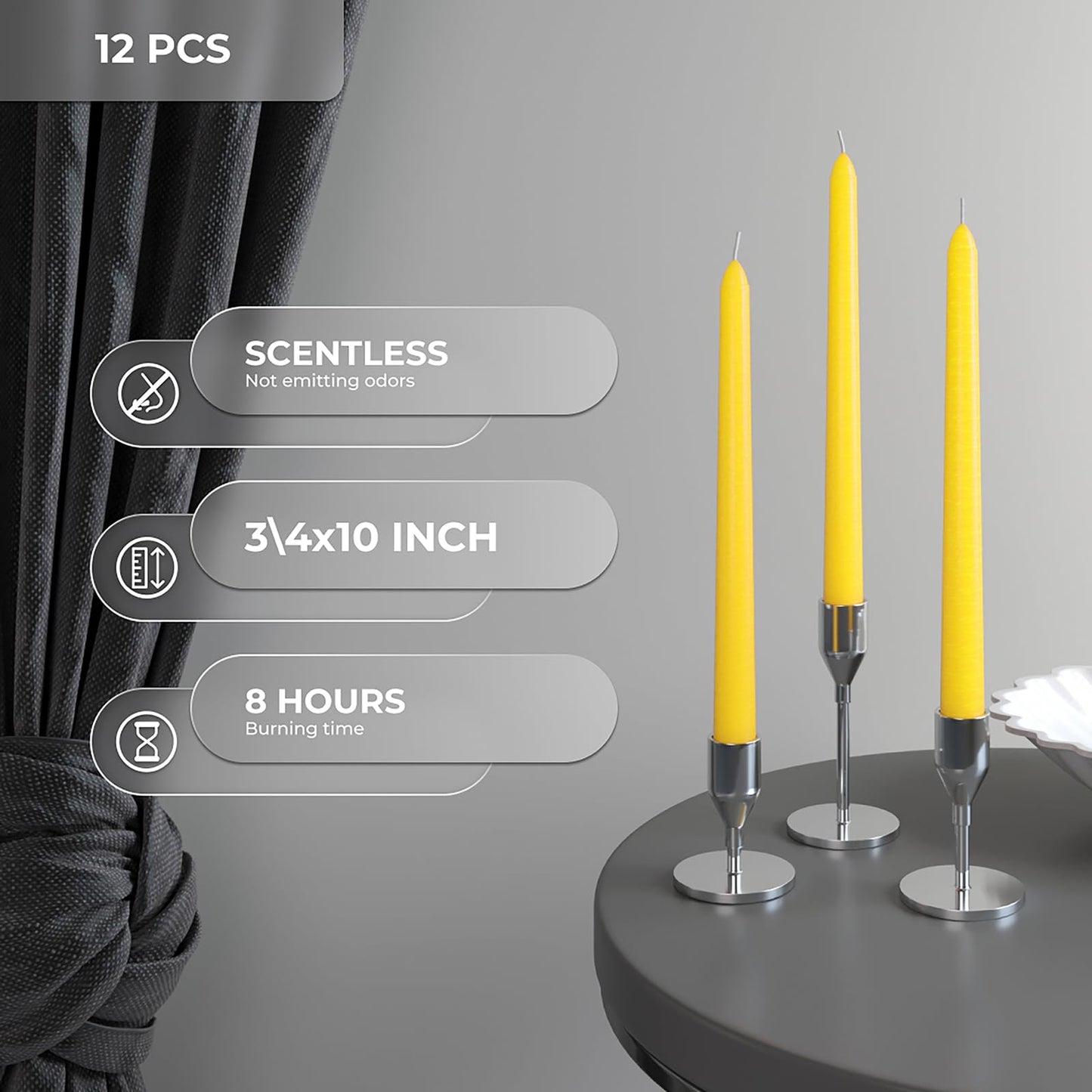 CANDWAX 10 inch Yellow Taper Candles Set of 12 - Unscented Smokeless Dripless Yellow Candles - Perfect for Home Décor, Special Occasions and Ordinary Dinners - Easter Candlesticks