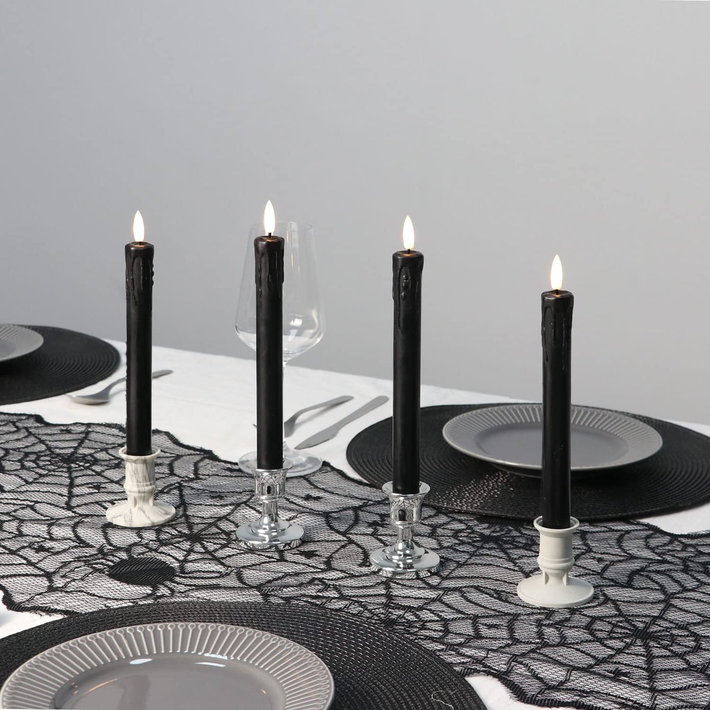 Fanna Black Flameless Taper Candles for Halloween with 2 Remotes, Real Wax Battery Operated Candles with Timer, Warm White Light, 10" Set of 6