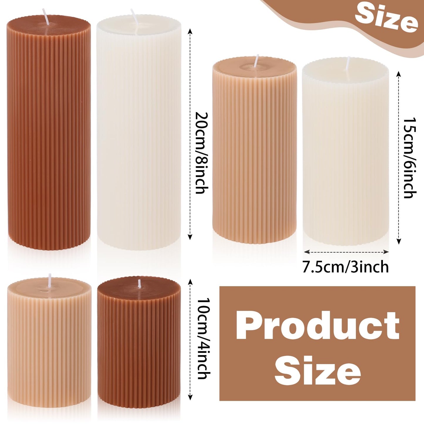 Lyrow 6 Pcs Ribbed Pillar Home Decorative Candles Aesthetic Modern Home Decor Soy Wax Unscented Pillar Candles Width 3" High 4" 6" 8" for Bathroom Living Room Wedding Dinner Party(Brown)