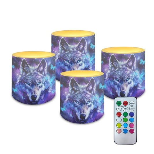 NETILGEN Flameless Candles with Remote Control Timer LED Pillar Candles Set of 4 Battery Operated Candles for Home Living Room Decor Blue Galaxy Wolf Print