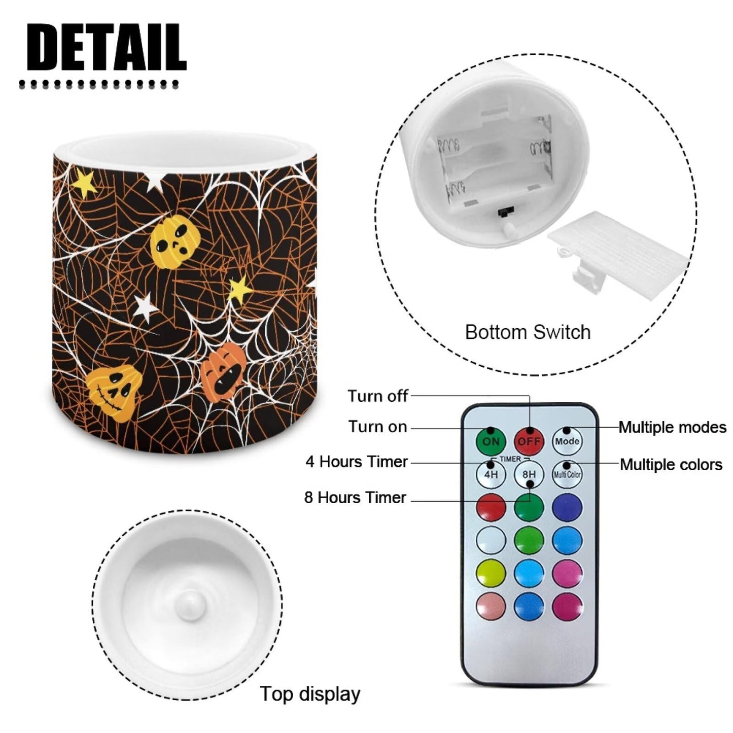 Merkmak 4 Pack Halloween Flickering Flameless Candles with Timers Battery Operated LED Candles with Remote Tea Lights for Trick or Treat Party Home Decorations, Pumpkin Spider Web