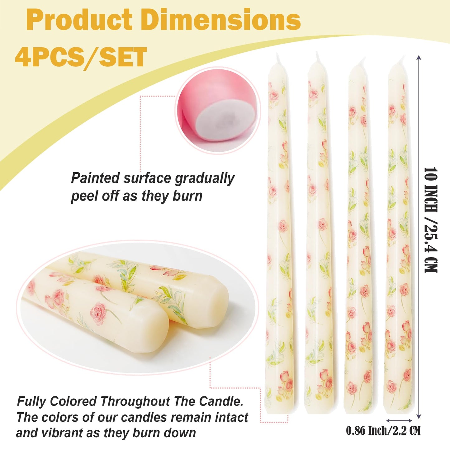 W&LESVAGO 4 Pcs Rose Print Taper Candles,10 Inch Rose Floral Patterns Ivory Dripless Long Candles Set for Wedding Anniversary Home Decor Dinner Party