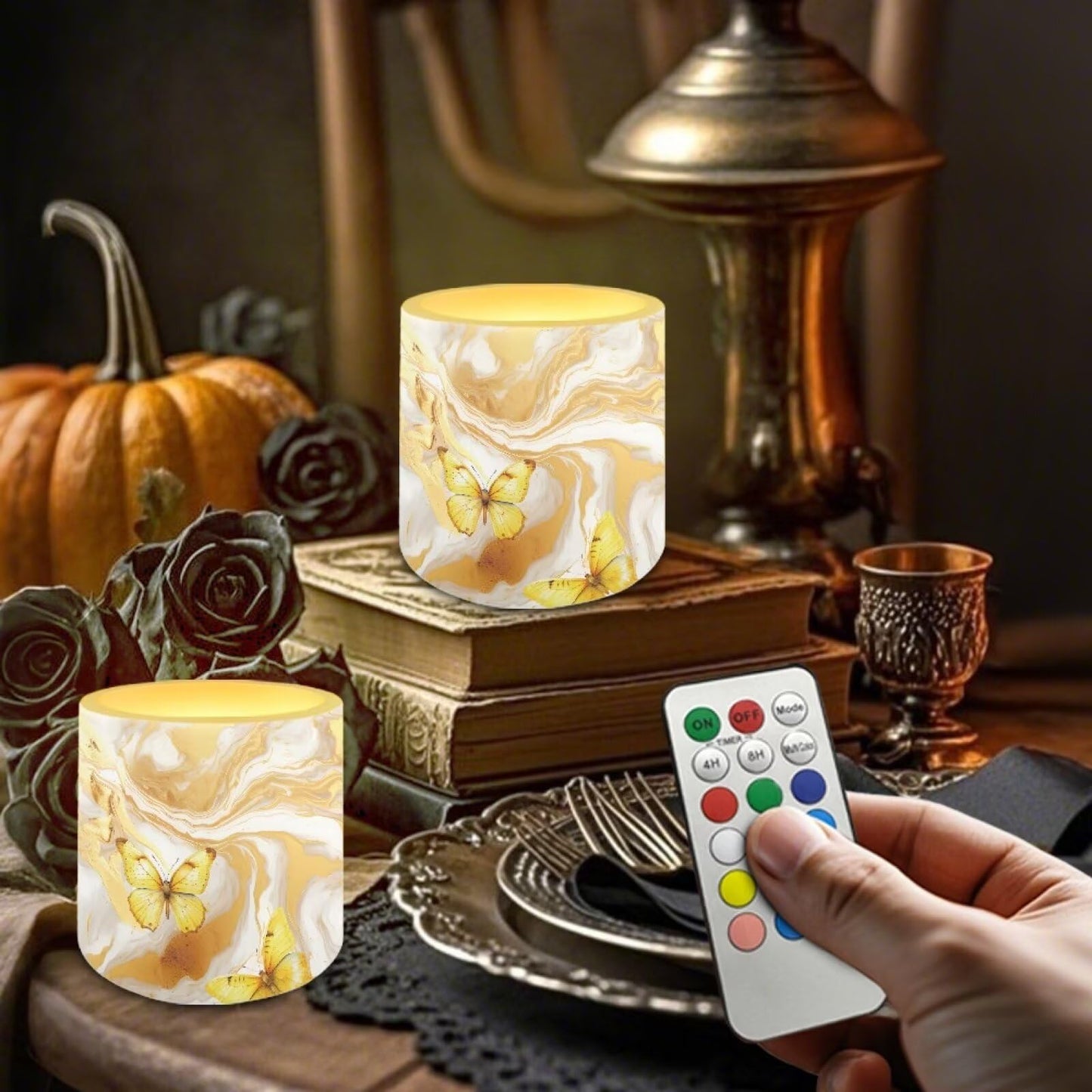 Cozeyat Gold Swirl Marble LED Candles Set of 4 Battery Powered Flameless with Remote Timer Flickering Flame Waterproof for Home Patio Beach Table
