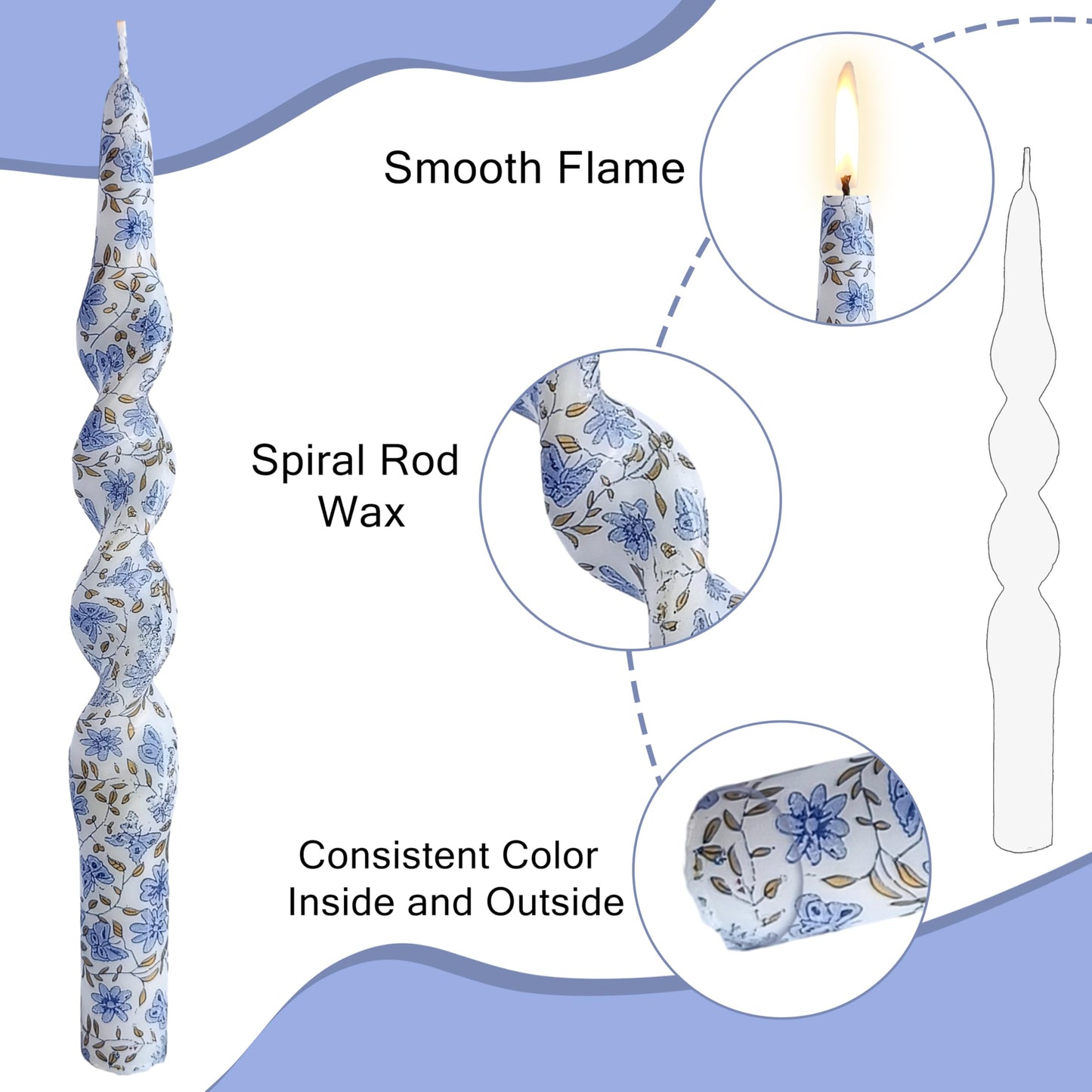 Blue and White Porcelain Taper Candle Flowers Printed Spiral Candles Unscented Smokeless Set of 2 Long Taper Candle 10 inch Twisted Candle Sticks Tapered Candles for Home Wedding Dinner Holiday Party