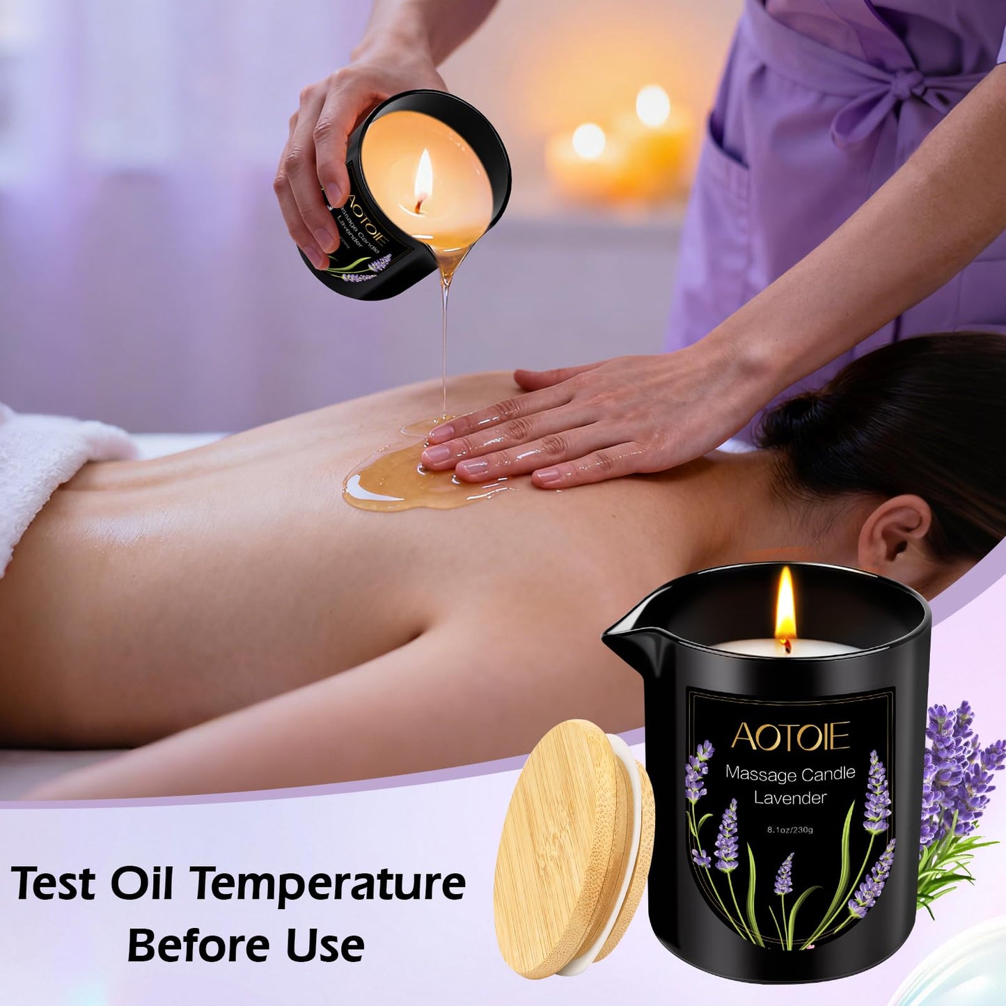 AOTOIE Massage Oil Candle,8.1 oz Low Temp Body Oil Candles for Massage Therapy, Moisturising Luxurious Relaxing Body Safe Soybean Wax Massage Candles for Home SPA (Lavender)