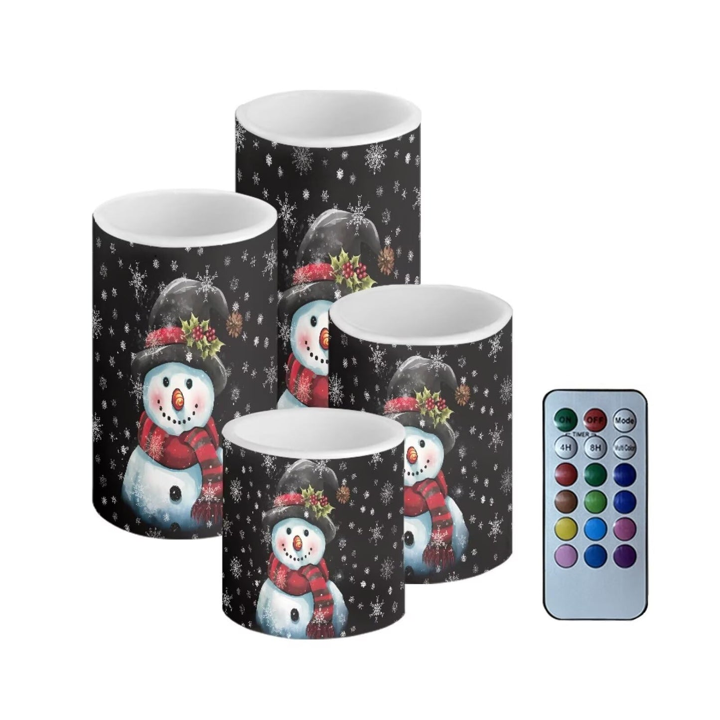 NETILGEN Christmas Day 4 Pcs Flameless Candles Battery Powered with Multicolor Lights Timer Remote Control LED Candles Cartoon Snowman Print