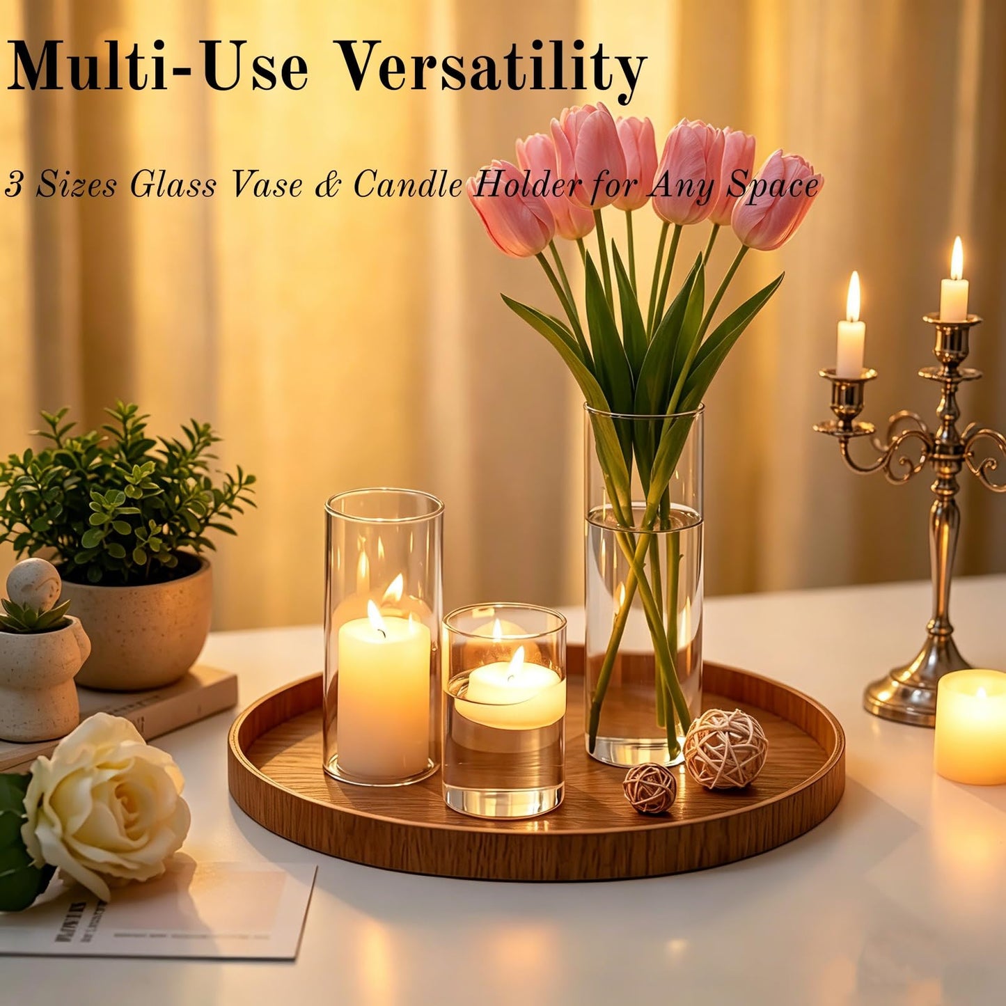 PNJHDZ Set of 12 Glass Cylinder Vases for Centerpieces with 8 Pack Vase filler 12 Pearl String 24 White Floating Candles for Centerpieces, Table Center pieces for Wedding Party Home Decor 5, 6, 8 Inch