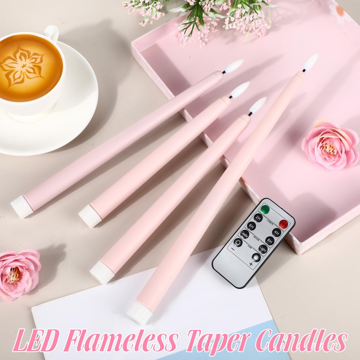 Rossesay 16 Pcs Pink Flameless Taper Candles Battery Operated Candles with Remote Timer 8.5" 9.6" 10.8" 12.8" Multiple Sizes Pink LED Flickering Candlestick for Wedding Centerpieces Party Decor