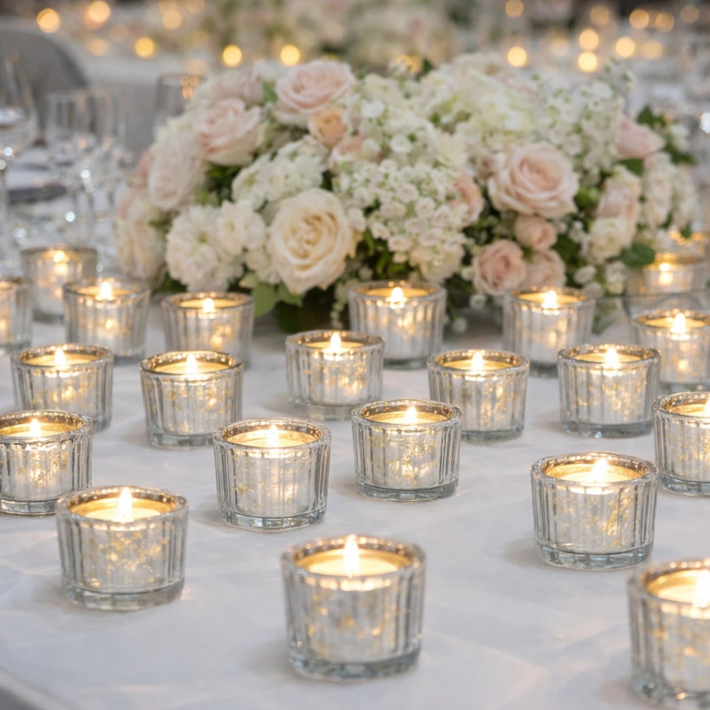 Mumufy 100 Pcs Glass Tealight Candle Holder Ribbed Votive Candle Holder for Centerpiece Wedding Proposal Spa Aromatherapy Meditation Home Decor (Silver)