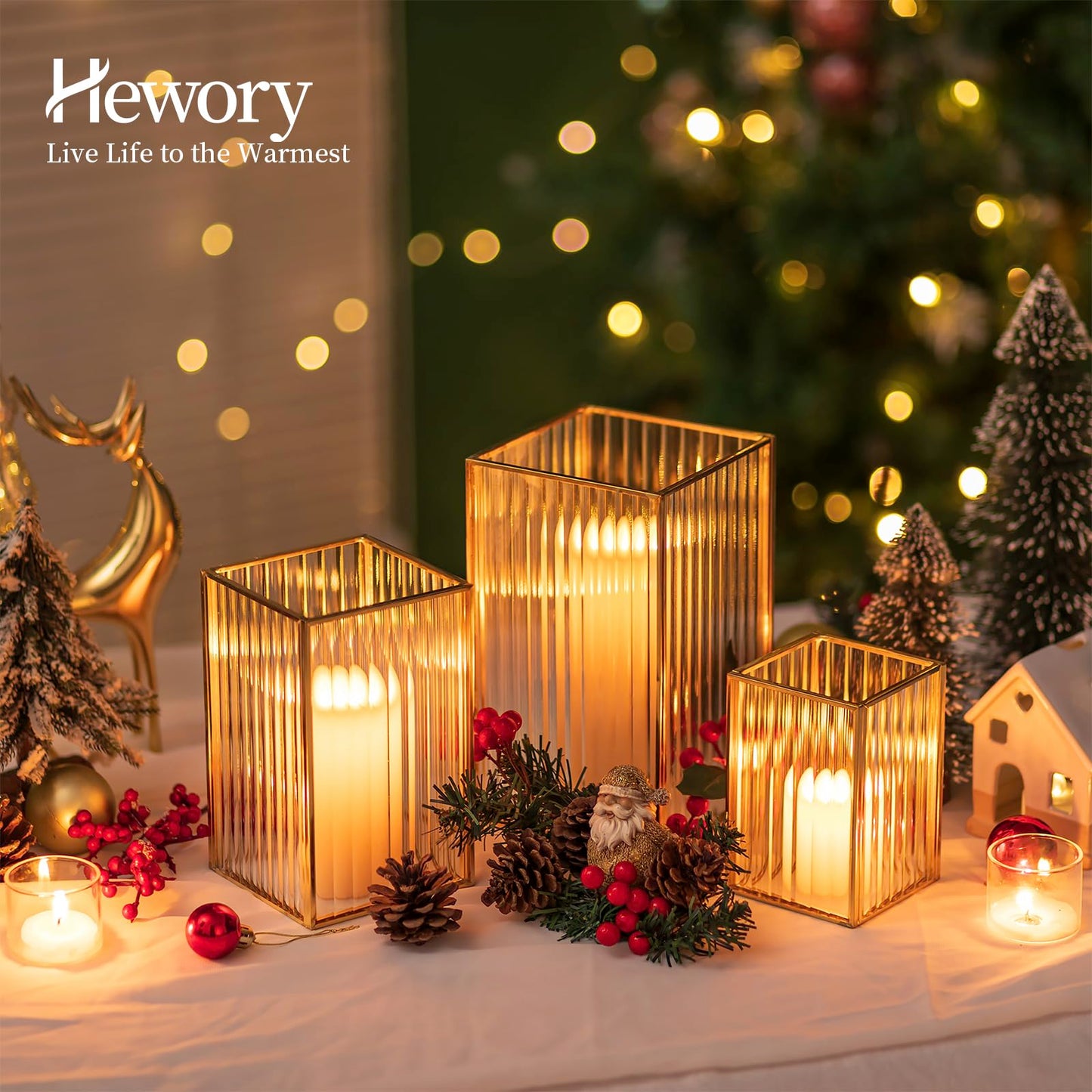Hewory Gold Hurricane Candle Holder: 6 PCS Ribbed Hurricane Glass Candle Holders for Pillar Candles, Square Pillar Candle Holders for Table Centerpiece Wedding Christmas, Home Decor for Kitchen Patio