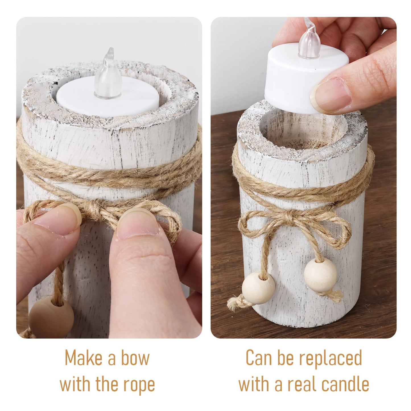 MelonBoat White Pillar Candle Holder:Farmhouse Candle Holders with Battery Operated Candles, Farmhouse Decor with Flameless LED Candles, Wood Centerpieces for Table 3-Pack for Holiday Party Home Decor