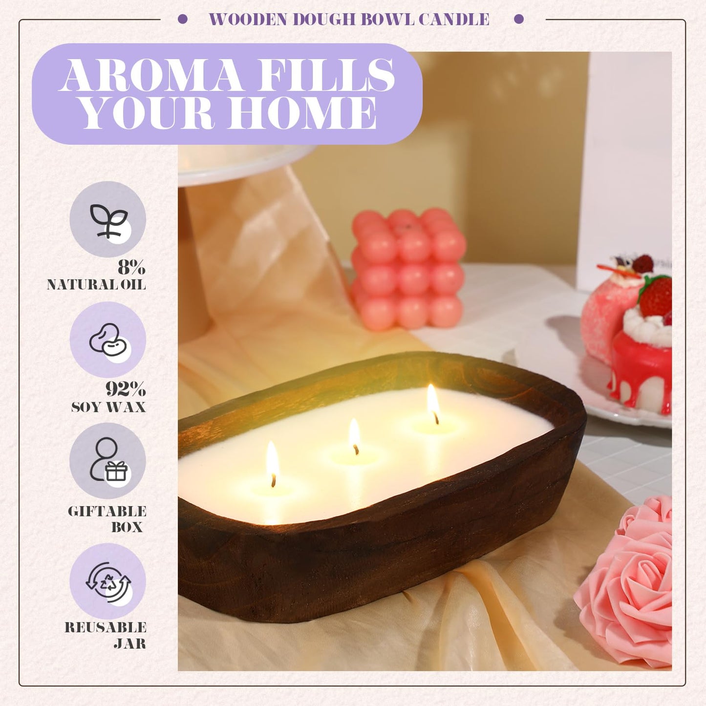 Threlaco 2 Pack Wood Dough Bowl Candle Jar Candle Decorative with Wick Scented Candles Soy Gifts for Men Women Farmhouse Table Centerpiece Home(Lavender)