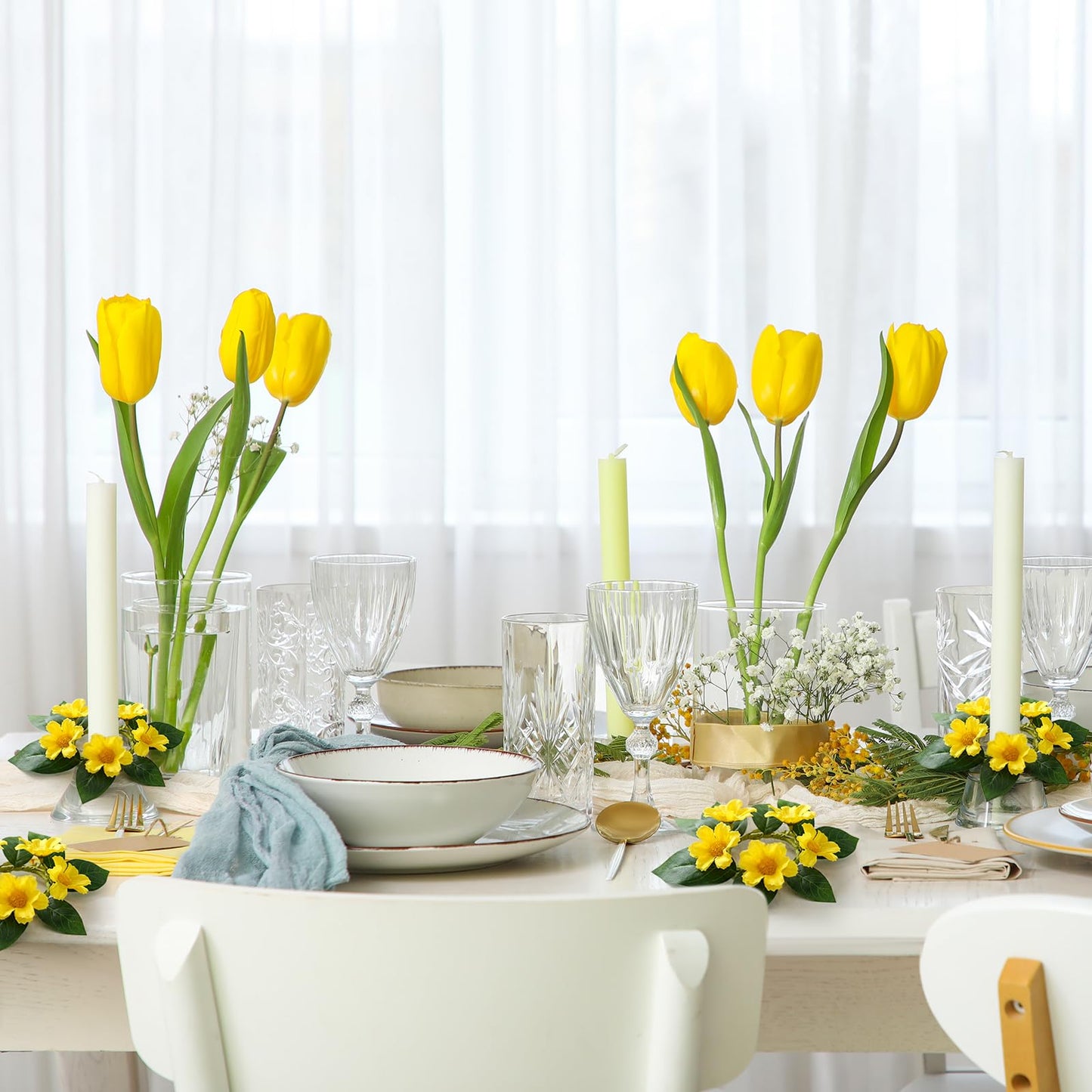 6 PCS Summer Yellow Daisy Taper Candle Rings Wreaths 1.38" Mini Spring Summer Floral Taper Candle Holder Wreaths Artificial Flower Farmhouse Table Centerpieces Wreath for Rustic Home Candlestick Decor